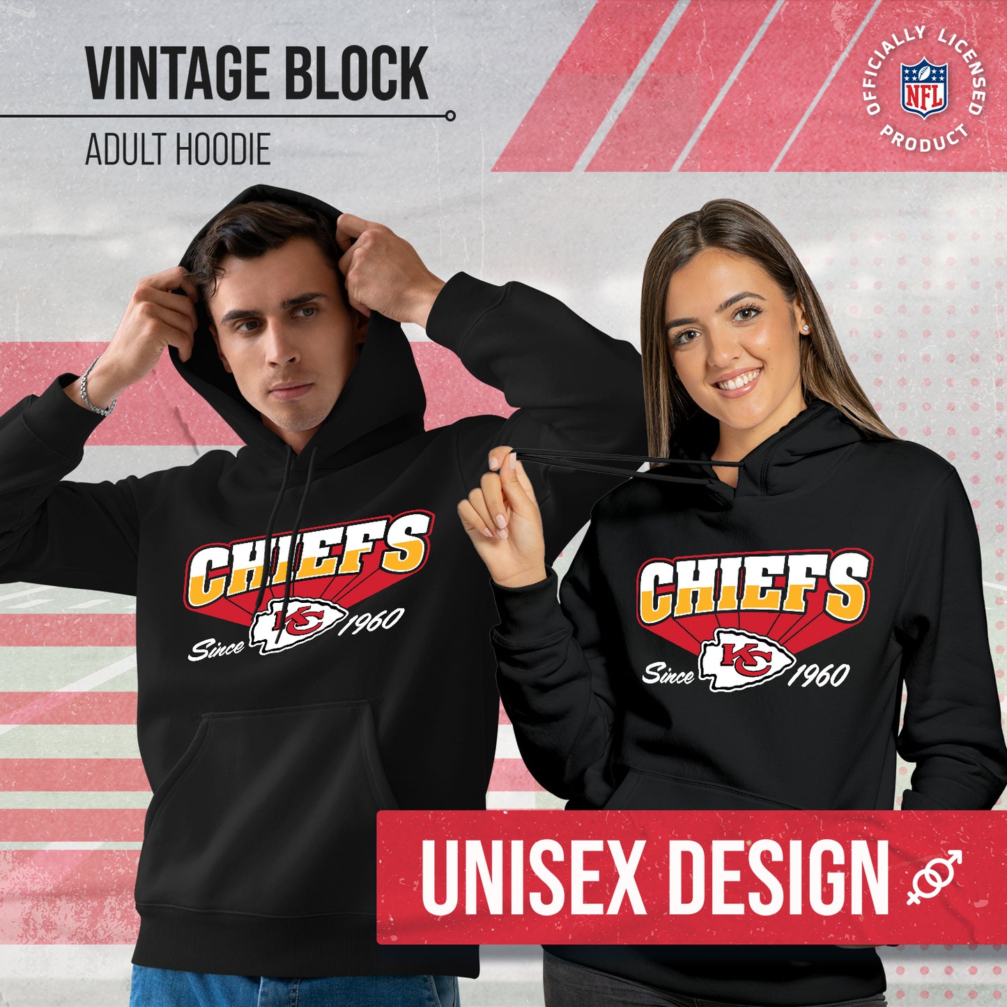 Kansas City Chiefs NFL Adult Unisex Vintage Block Ultra Soft Fleece Hooded Sweatshirt - Black