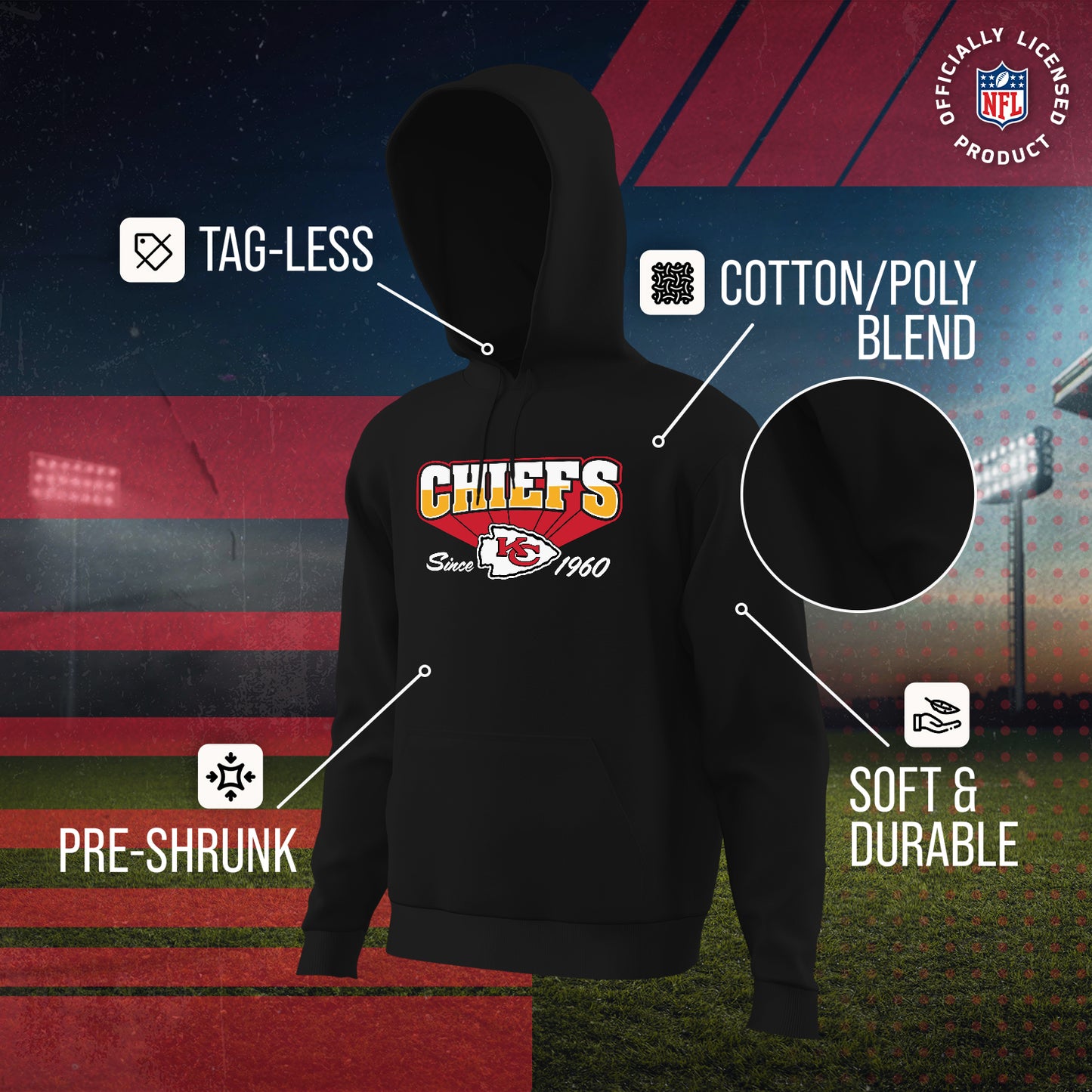 Kansas City Chiefs NFL Adult Unisex Vintage Block Ultra Soft Fleece Hooded Sweatshirt - Black