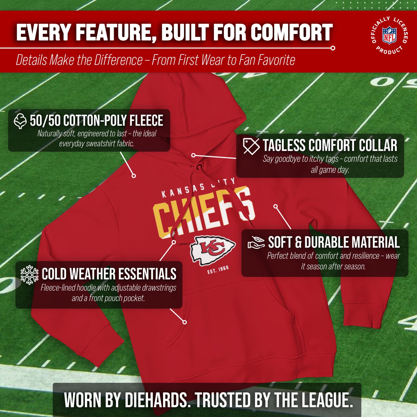Kansas City Chiefs Adult NFL Diagonal Fade Fleece Hooded Sweatshirt - Red