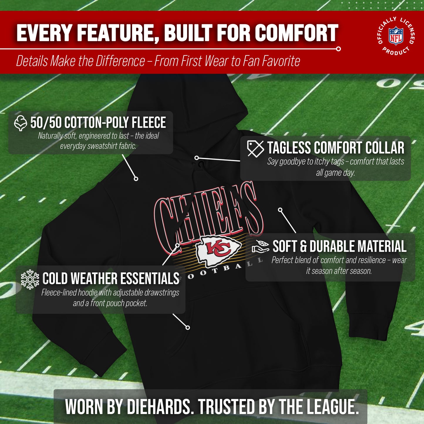 Kansas City Chiefs NFL Adult Unisex Overtime Blueprint Soft Fleece Hooded Sweatshirt - Black