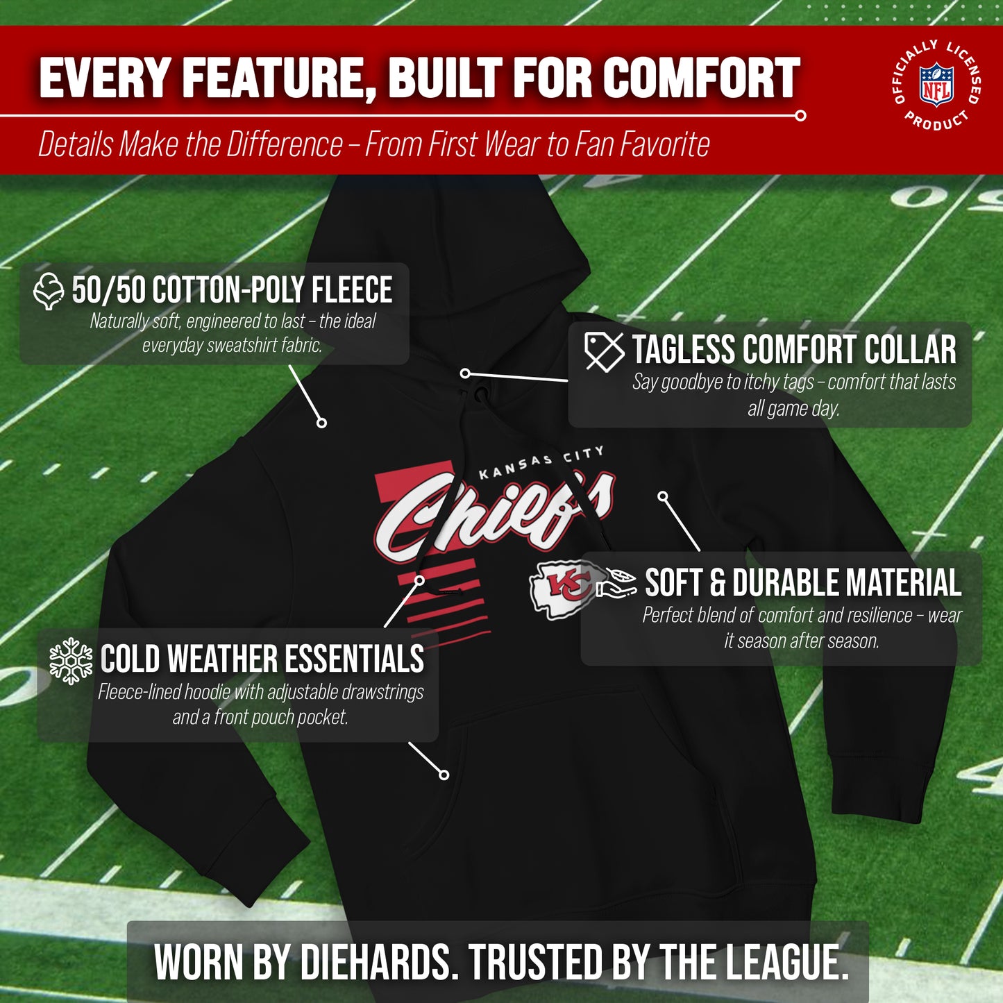 Kansas City Chiefs NFL Adult Unisex Retro Script Ultra Soft Fleece Hooded Sweatshirt - Black