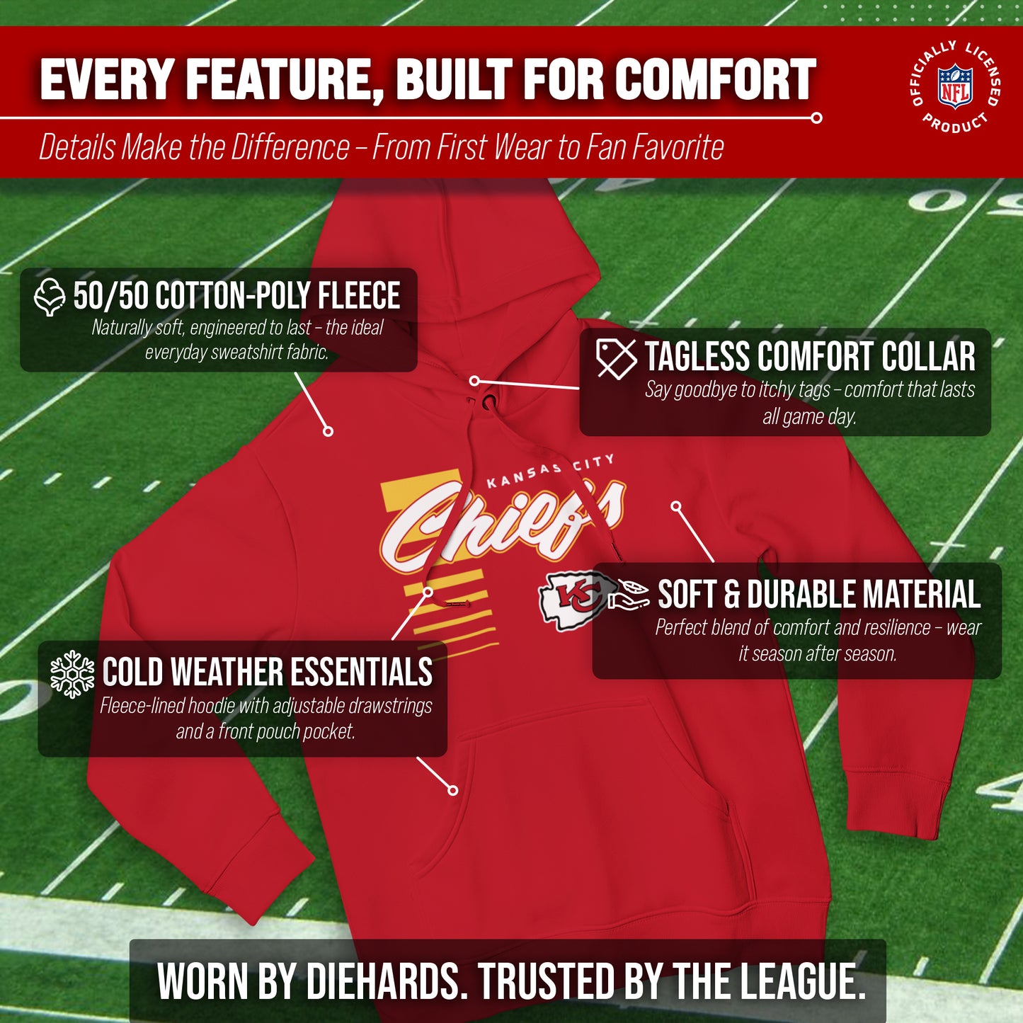 Kansas City Chiefs NFL Adult Unisex Retro Script Ultra Soft Fleece Hooded Sweatshirt - Red