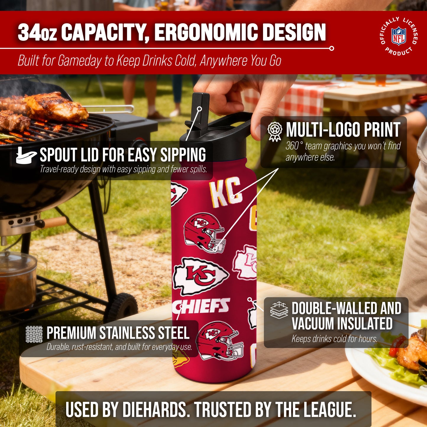 Kansas City Chiefs NFL 34oz Quencher Stainless Steel Insulated Water Bottle - Red