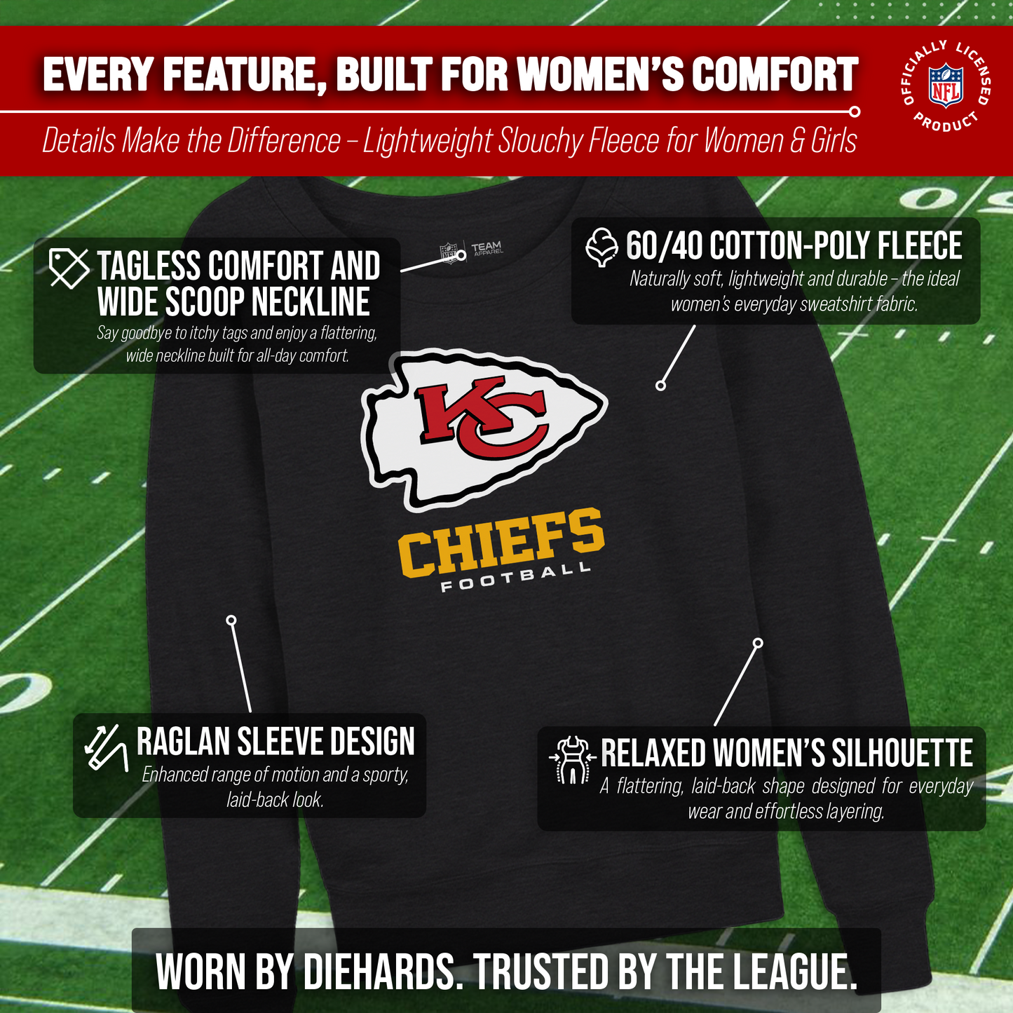 Kansas City Chiefs Women's NFL Ultimate Fan Logo Slouchy Crewneck -Tagless Fleece Lightweight Pullover - Charcoal