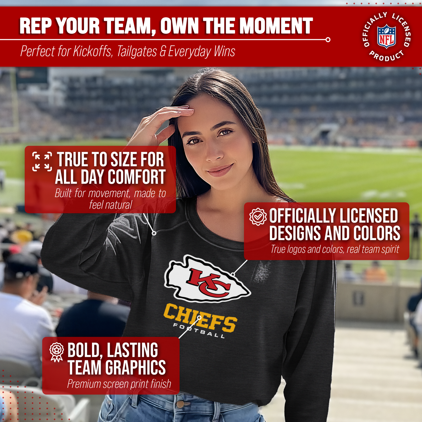 Kansas City Chiefs Women's NFL Ultimate Fan Logo Slouchy Crewneck -Tagless Fleece Lightweight Pullover - Charcoal