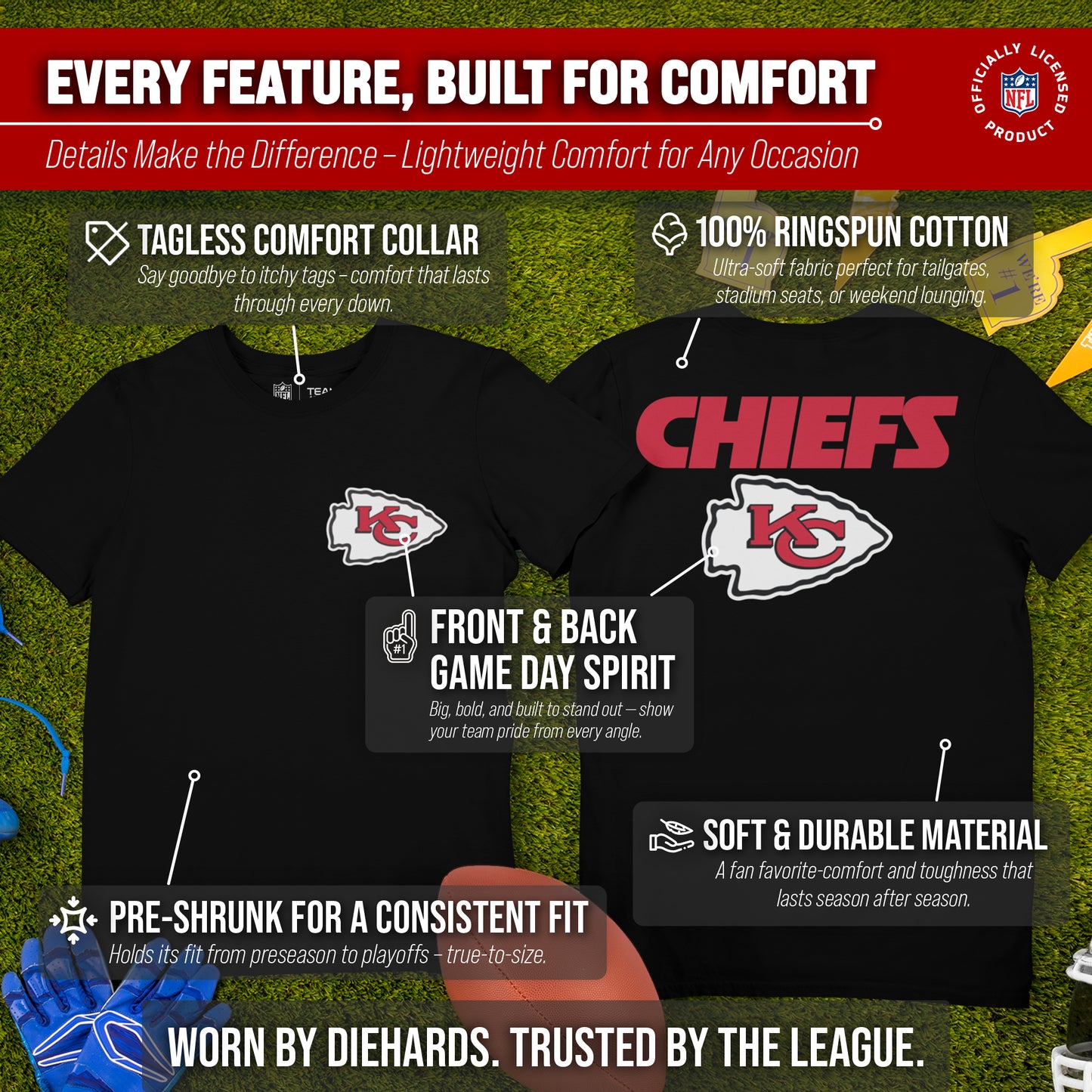 Kansas City Chiefs NFL Pro Football Final Countdown Adult Cotton-Poly Short Sleeved T-Shirt For Men & Women - Black