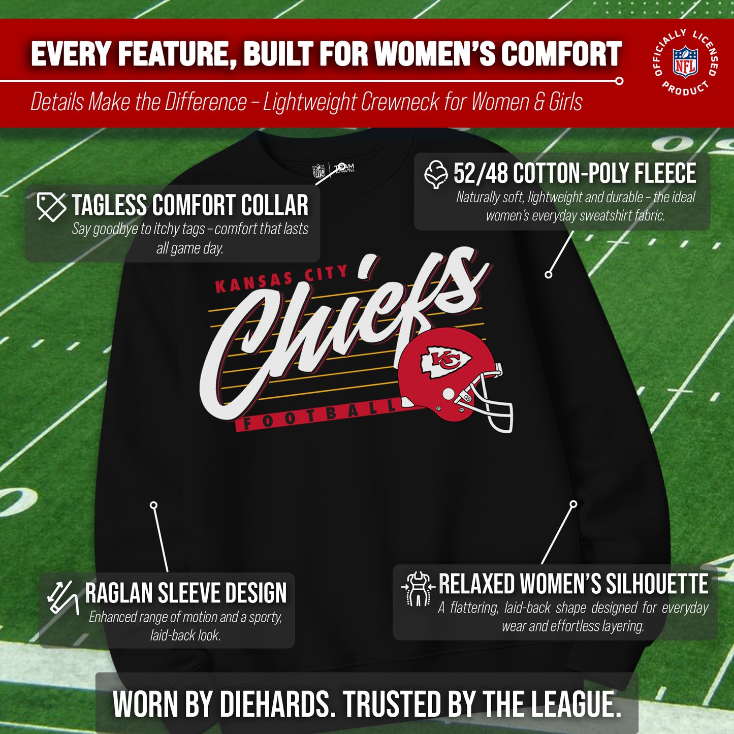 Kansas City Chiefs Womens NFL Scrimmage Line Crewneck Pullover - Black