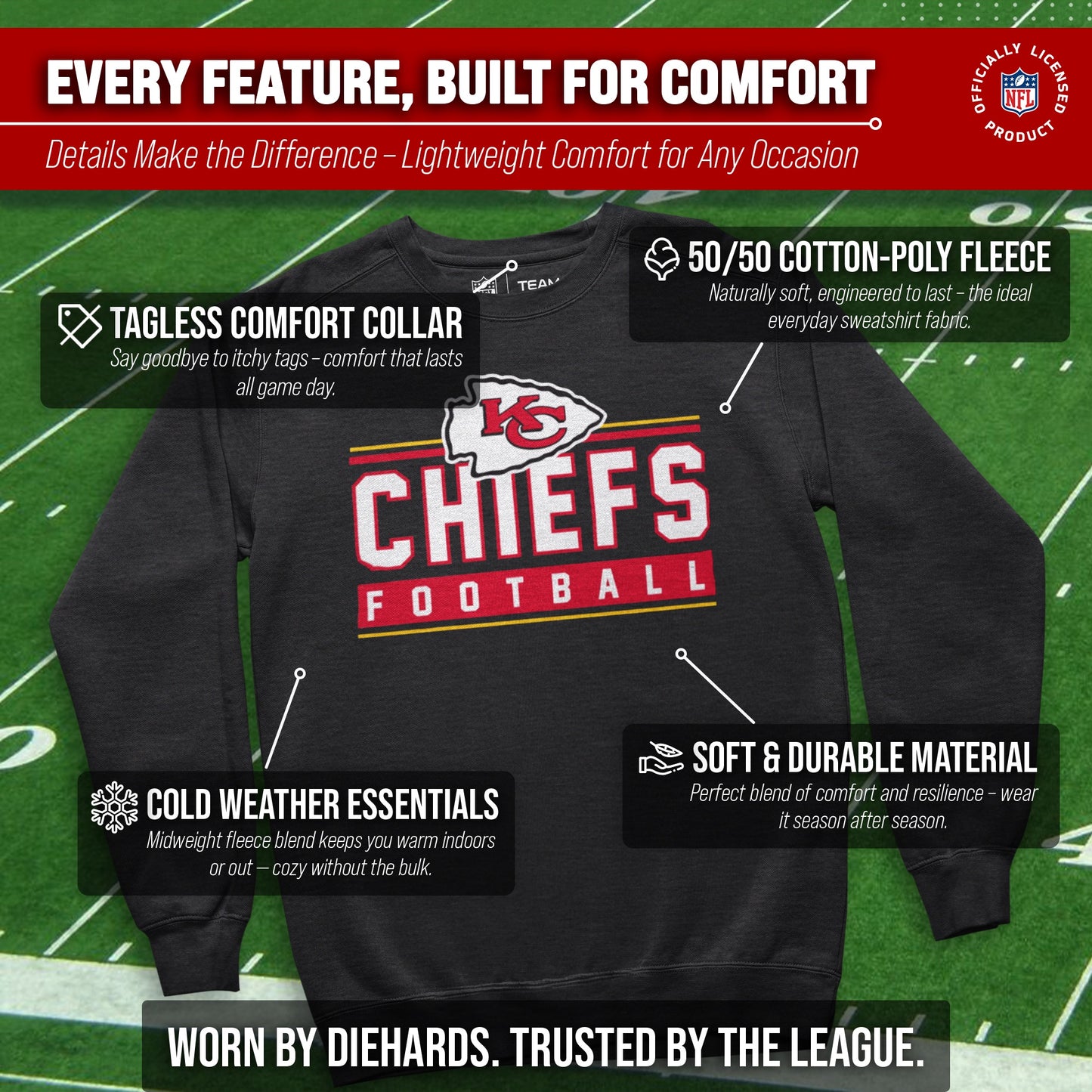 Kansas City Chiefs NFL Adult True Fan Crewneck Sweatshirt - Charcoal