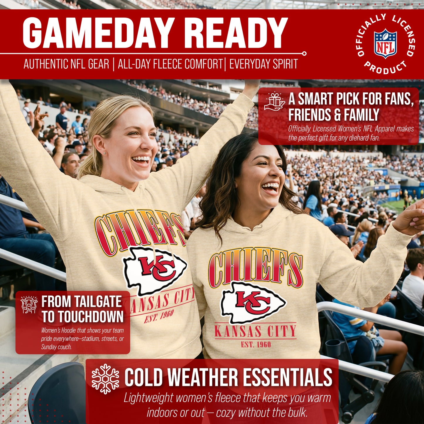 Kansas City Chiefs Ladies NFL Starstruck Fleece Pullover Hooded Sweatshirt - Cream