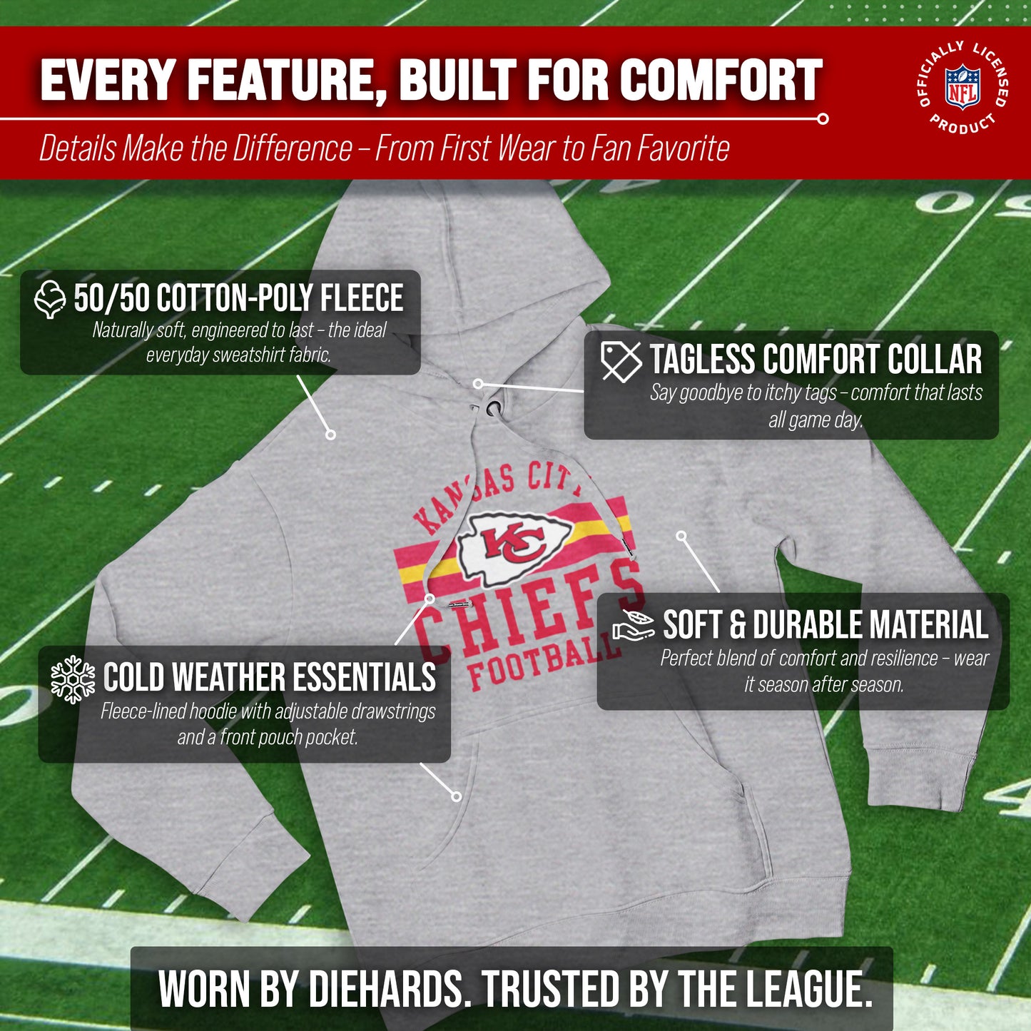 Kansas City Chiefs NFL Team Stripe Hooded Sweatshirt- Soft Pullover Sports Hoodie For Men & Women - Sport Gray
