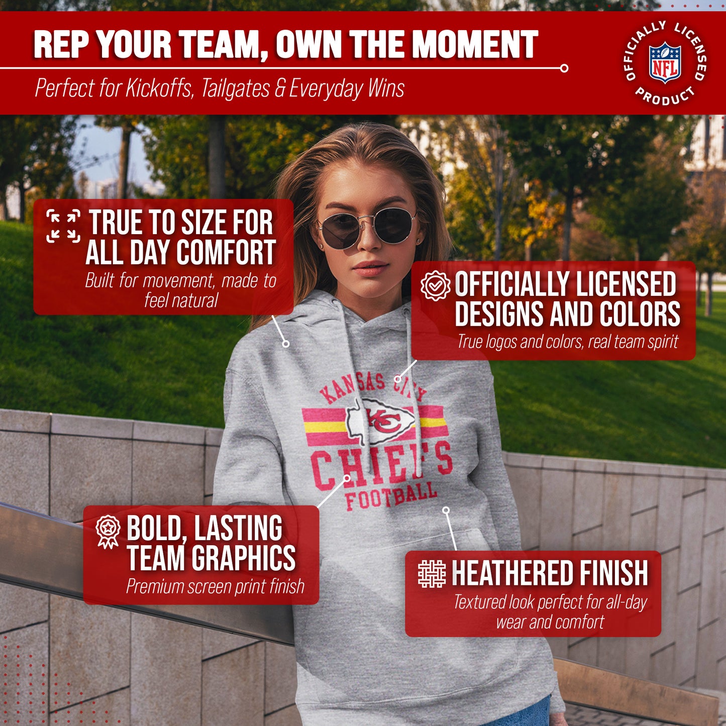 Kansas City Chiefs NFL Team Stripe Hooded Sweatshirt- Soft Pullover Sports Hoodie For Men & Women - Sport Gray