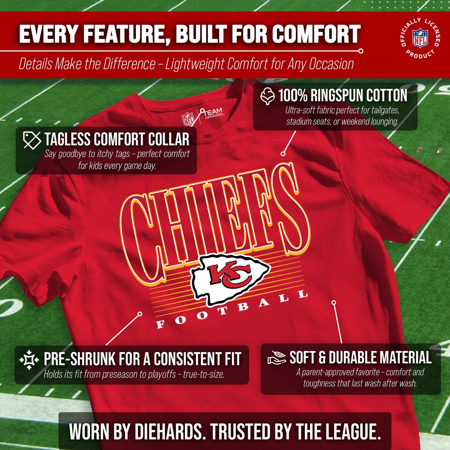 Kansas City Chiefs NFL Youth Overtime Blueprint Football T-Shirt Unisex Tag Free Comfortable - Red