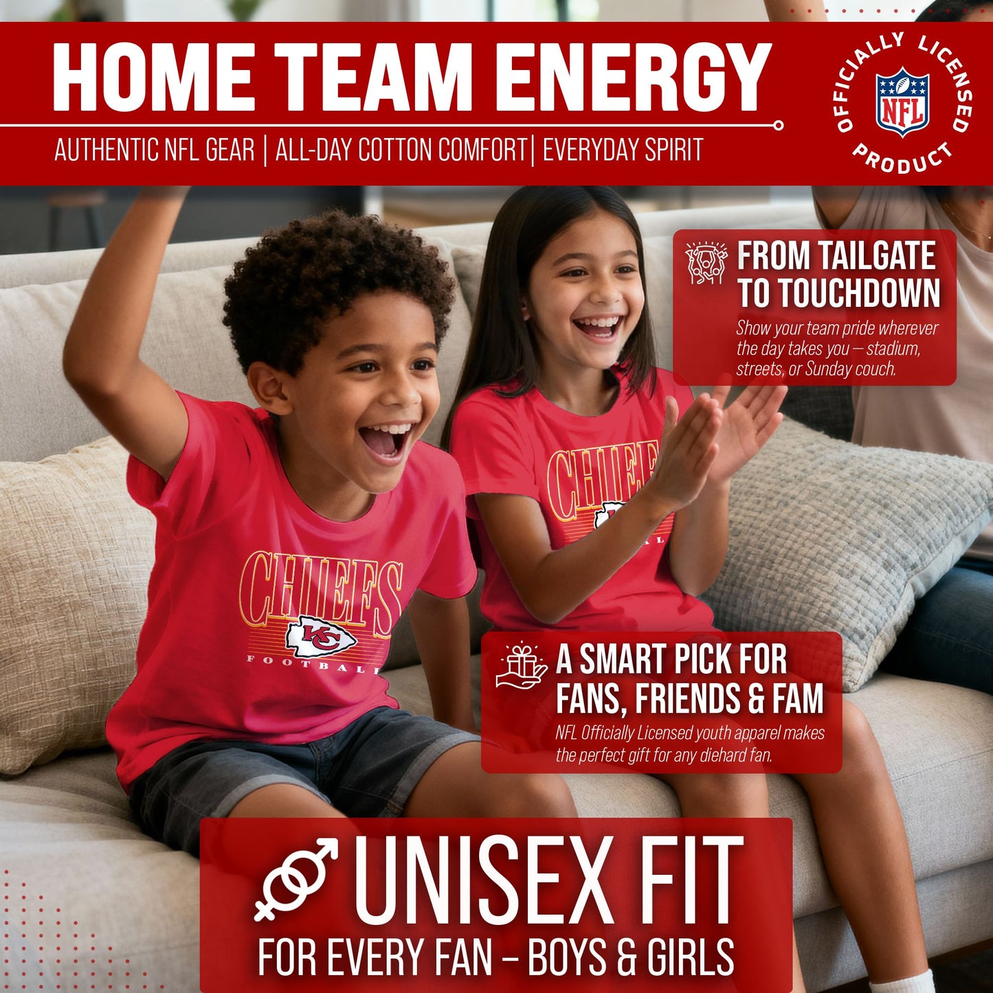 Kansas City Chiefs NFL Youth Overtime Blueprint Football T-Shirt Unisex Tag Free Comfortable - Red