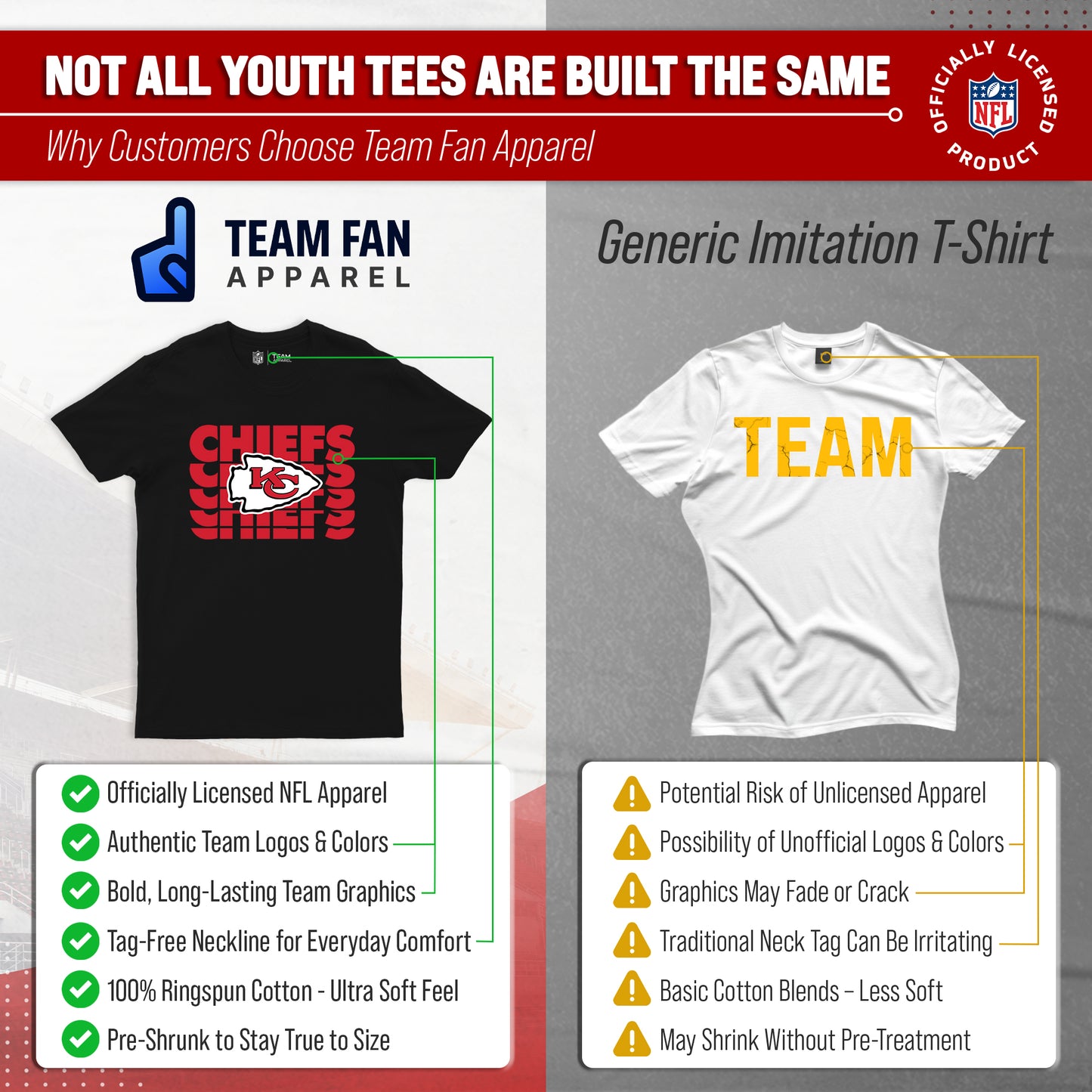 Kansas City Chiefs NFL Youth Repeating Logo Football T-Shirt Unisex Tag Free Comfortable - Black