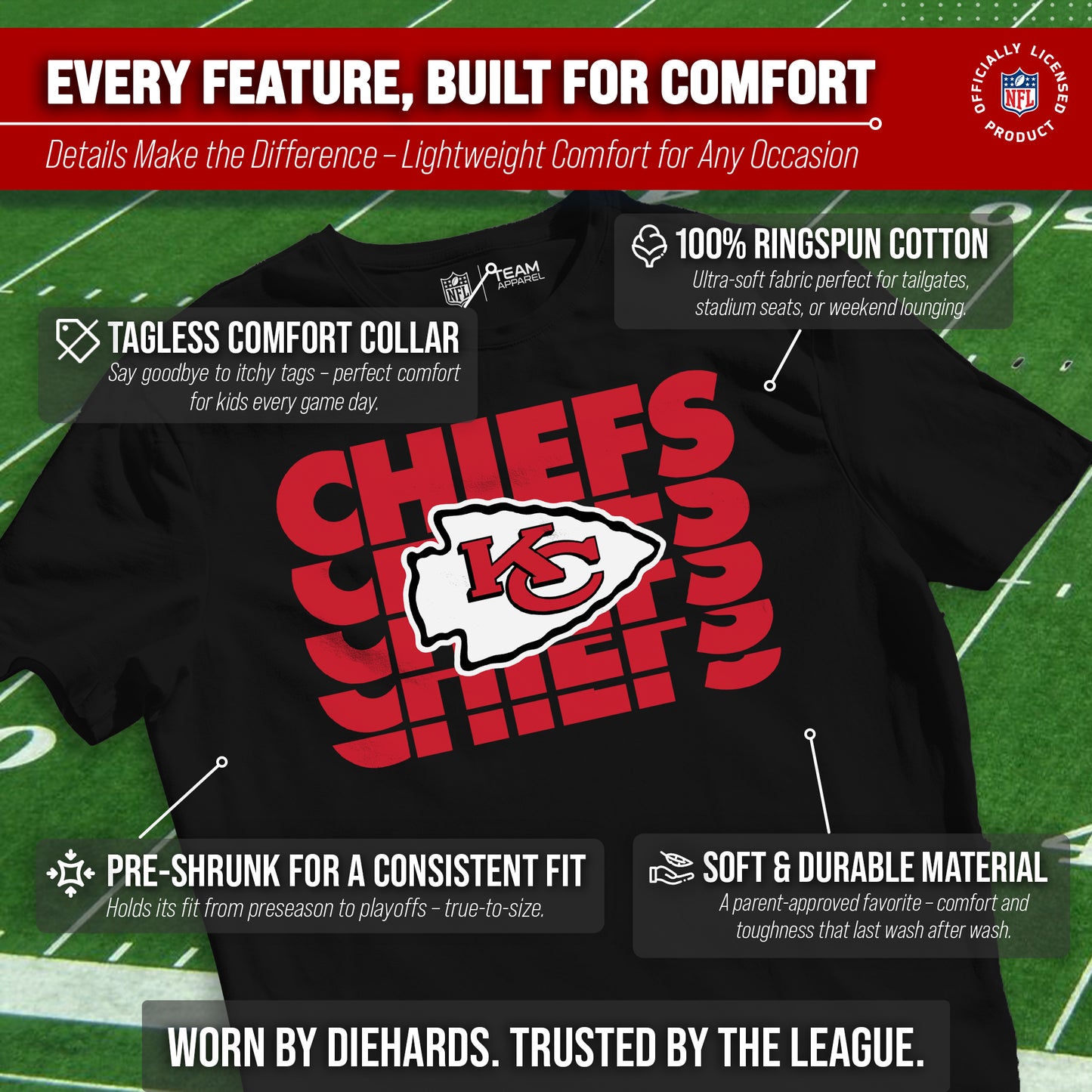 Kansas City Chiefs NFL Youth Repeating Logo Football T-Shirt Unisex Tag Free Comfortable - Black