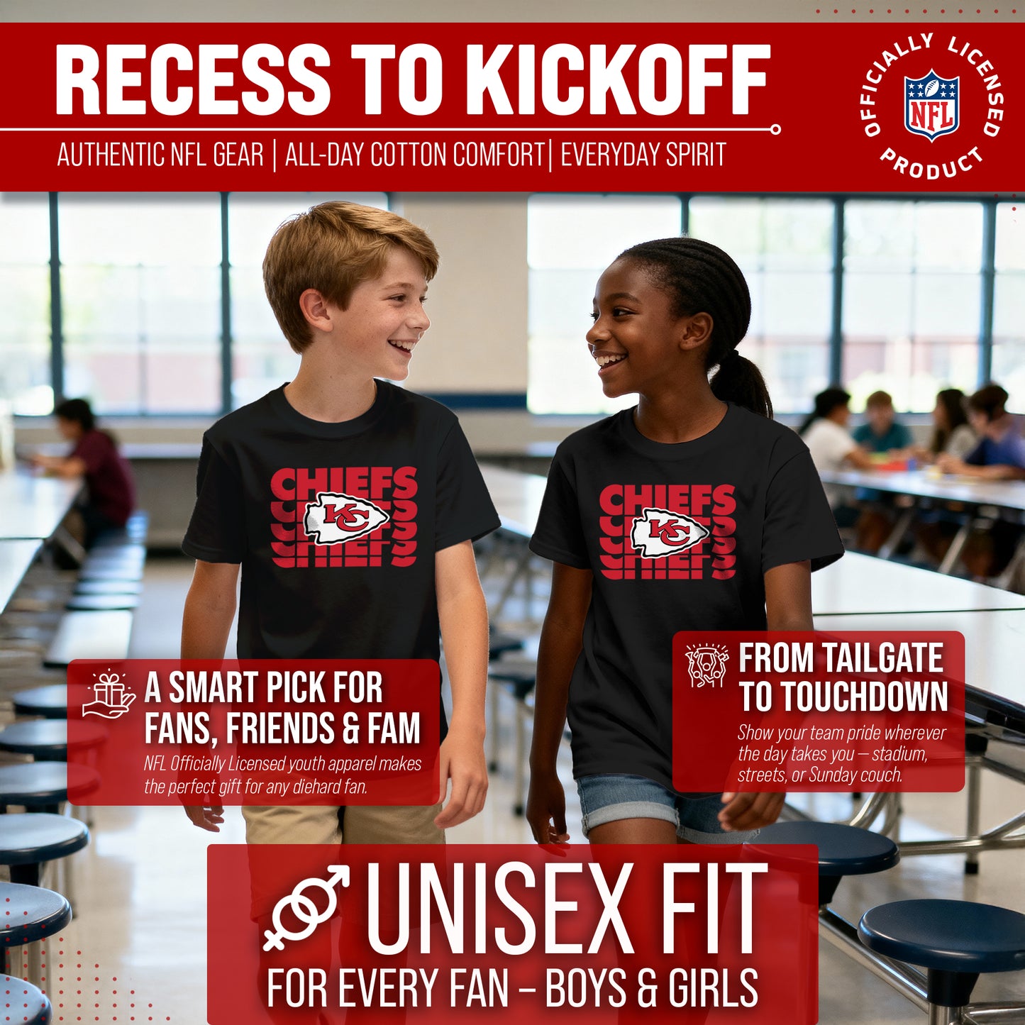 Kansas City Chiefs NFL Youth Repeating Logo Football T-Shirt Unisex Tag Free Comfortable - Black