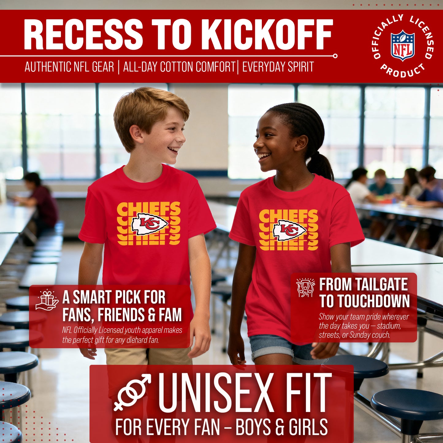 Kansas City Chiefs NFL Youth Repeating Logo Football T-Shirt Unisex Tag Free Comfortable - Red