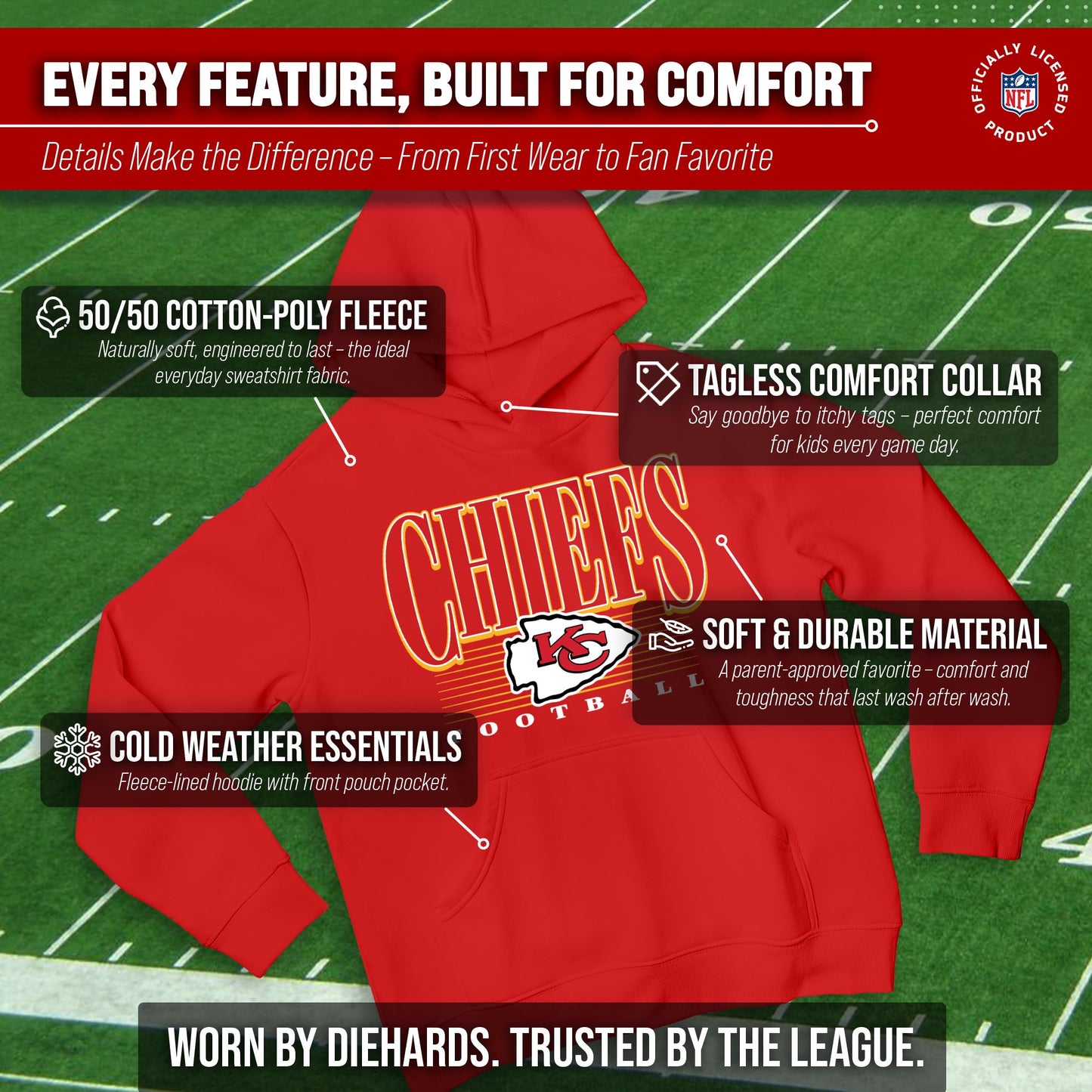 Kansas City Chiefs NFL Youth Overtime Blueprint Football Fleece Hooded Sweatshirt - Red