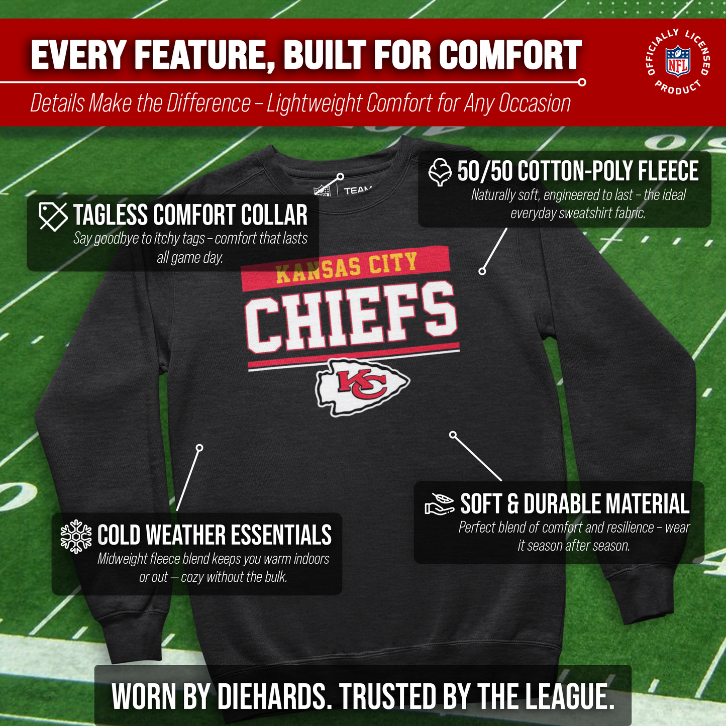 Kansas City Chiefs NFL Adult Long Sleeve Team Block Charcoal Crewneck Sweatshirt - Charcoal