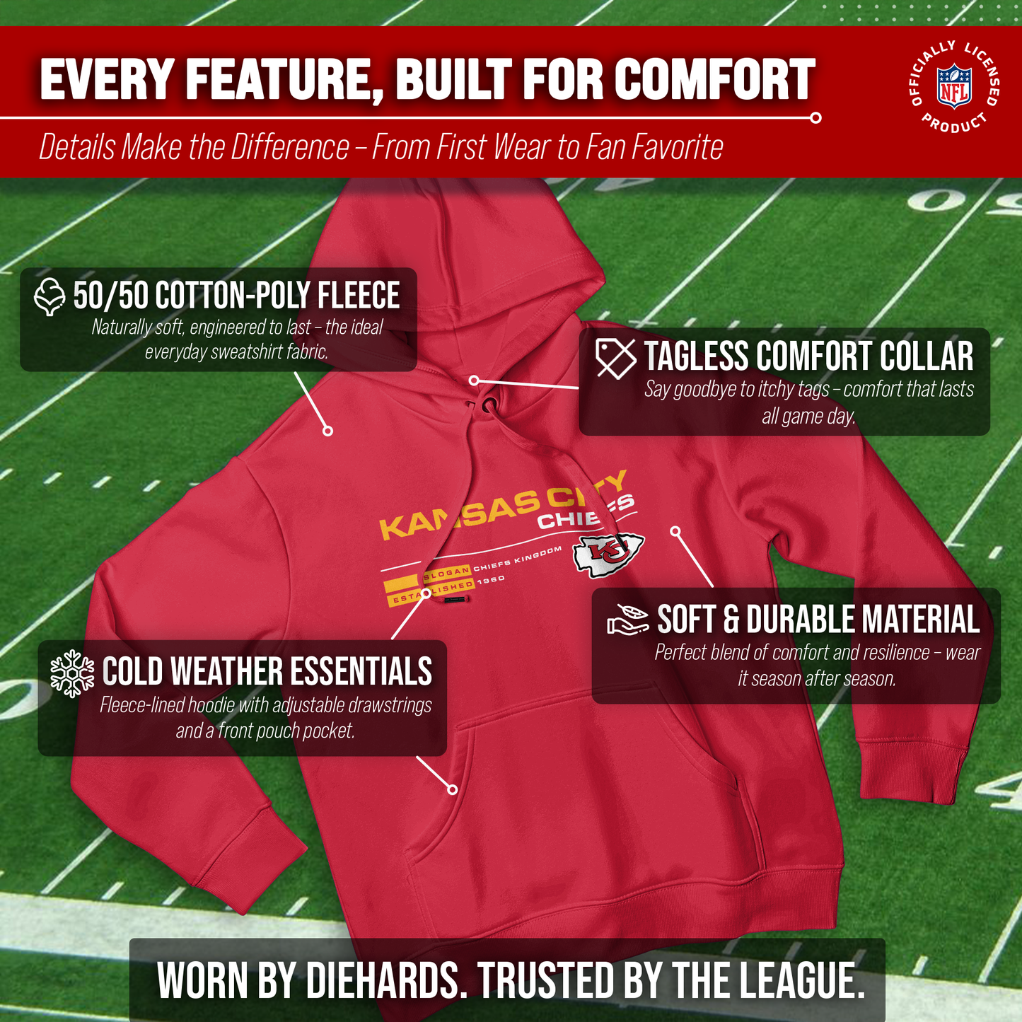 Kansas City Chiefs Adult NFL Speed Stat Sheet Fleece Hooded Sweatshirt - Red