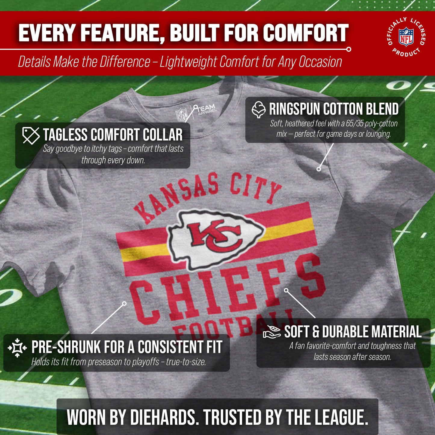 Kansas City Chiefs NFL Adult Short Sleeve Team Stripe Tee - Sport Gray