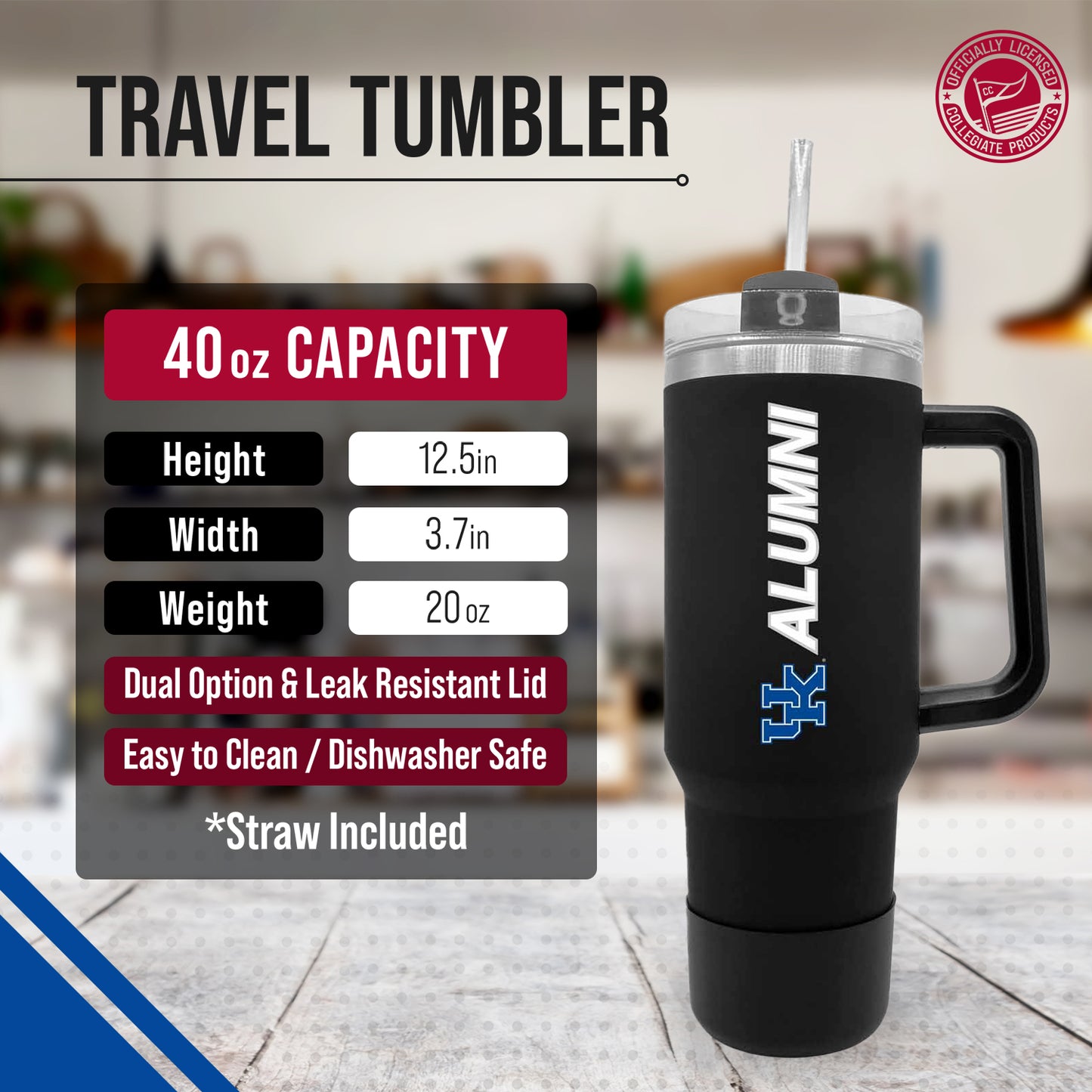 Kentucky Wildcats Collegiate 40oz Stainless Steel Travel Tumbler with Handle for Alumni - Black