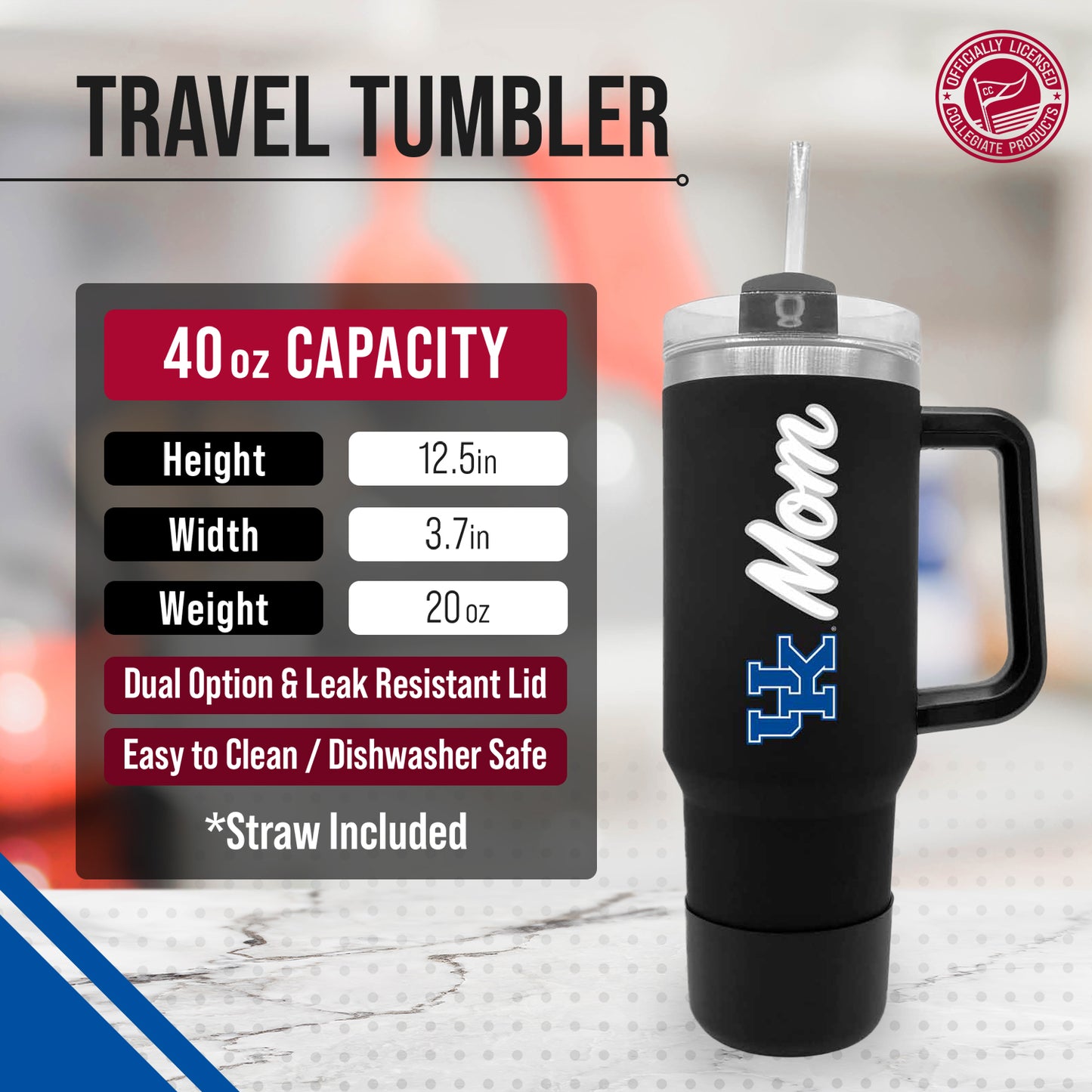 Kentucky Wildcats Collegiate 40oz Stainless Steel Travel Tumbler with Handle for Mom - Black