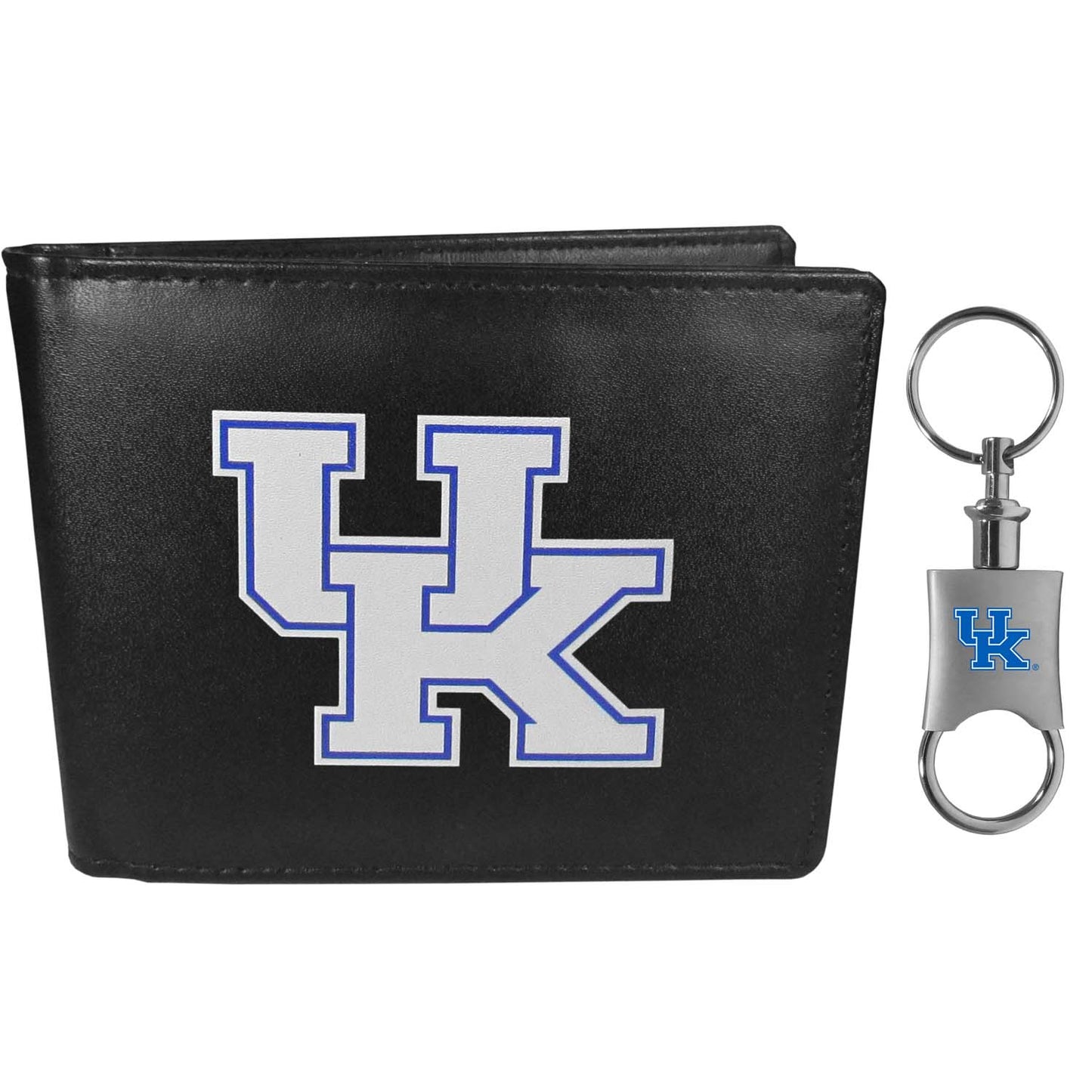 Kentucky Wildcats University Team Logo Mens Bi Fold Wallet and Unisex Valet Keychain Bundle - Black