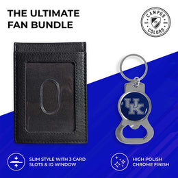 Kentucky Wildcats School Logo Leather Card/Cash Holder and Bottle Opener Keychain Bundle - Black