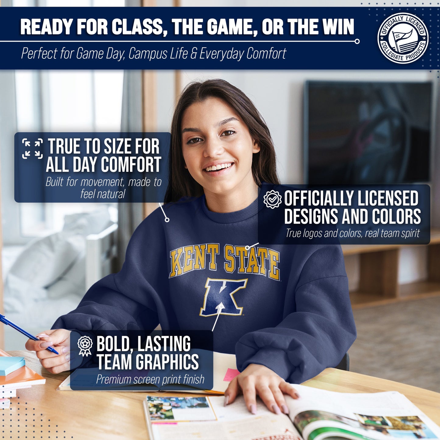 Kent State Golden Flashes Adult Arch & Logo Soft Style Gameday Crewneck Sweatshirt - Navy