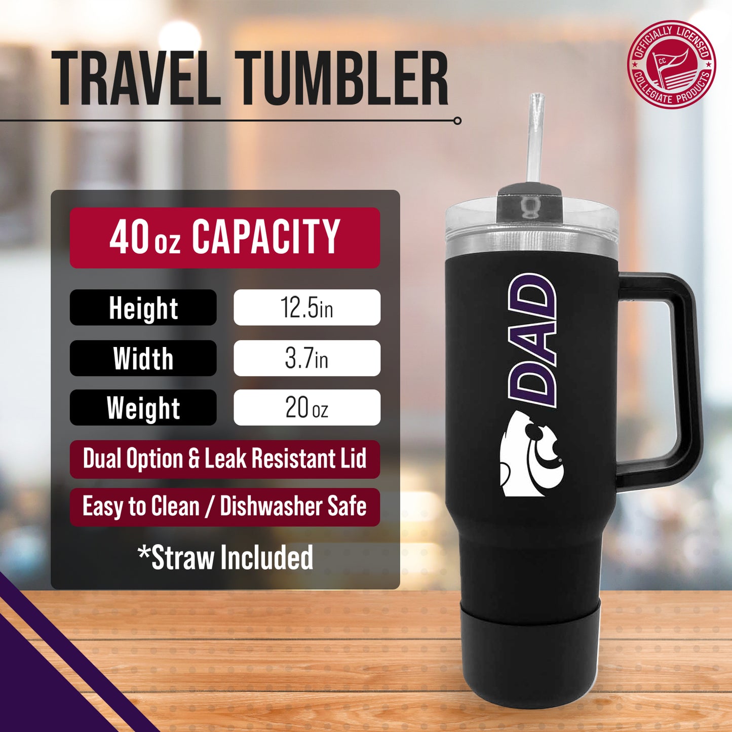 Kansas State Wildcats Collegiate 40oz Stainless Steel Travel Tumbler with Handle for Dad - Black