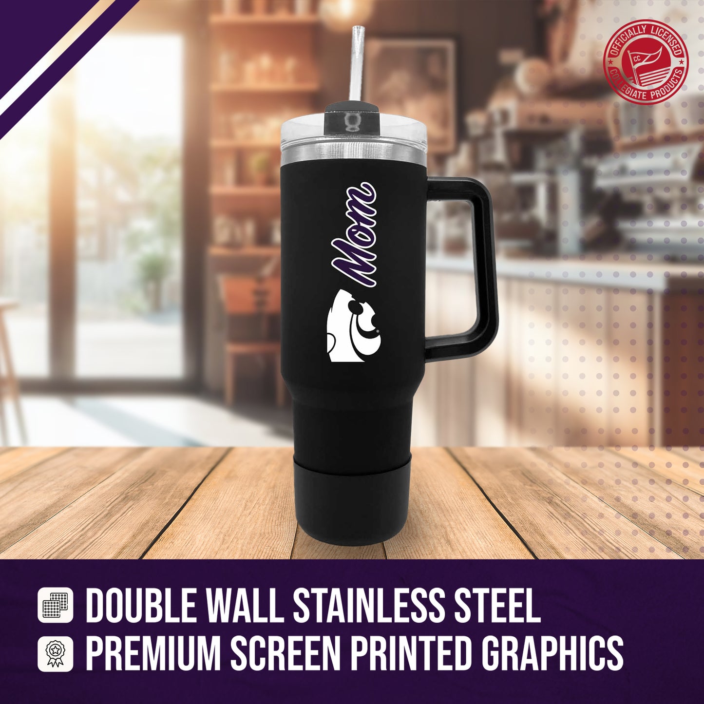 Kansas State Wildcats Collegiate 40oz Stainless Steel Travel Tumbler with Handle for Mom - Black