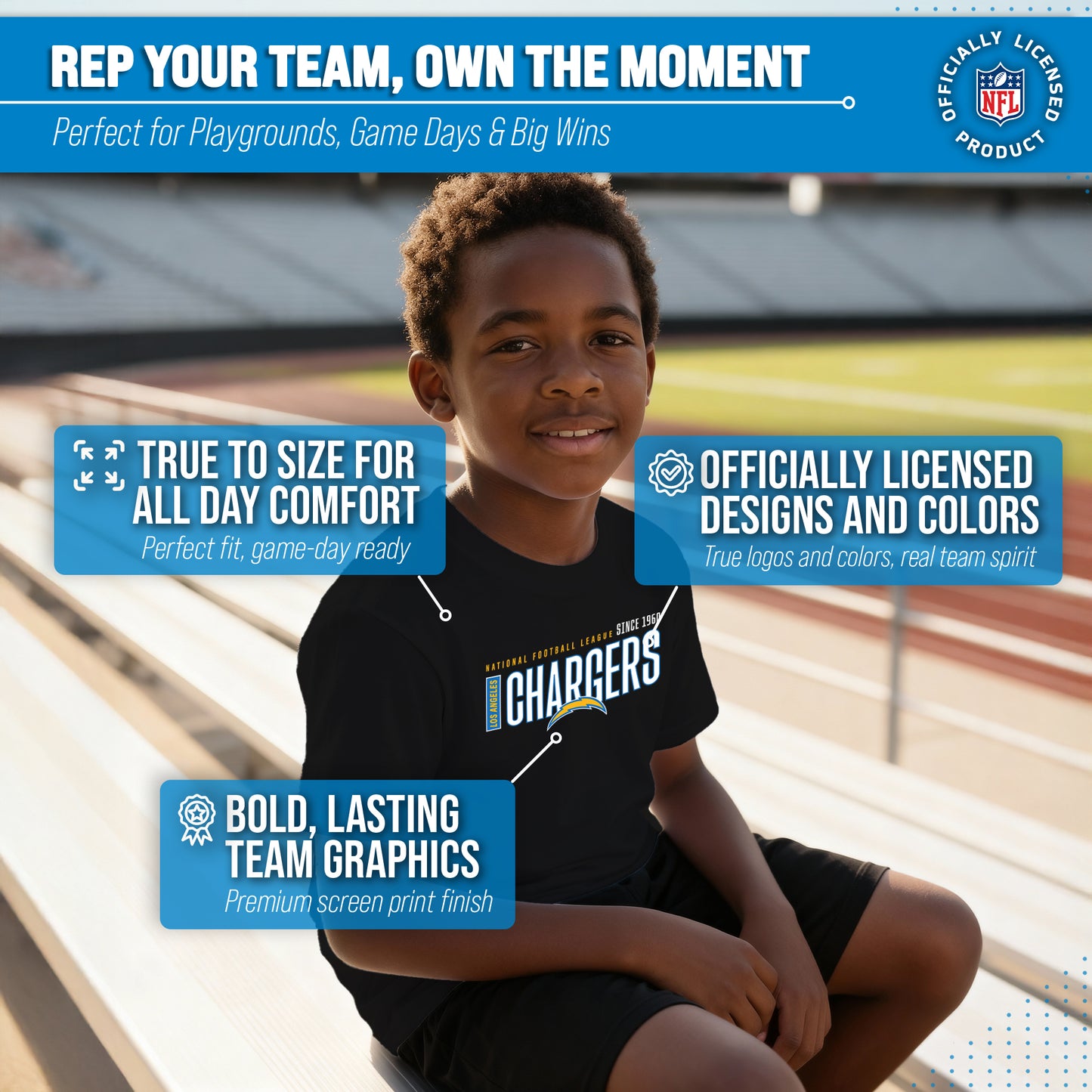 Los Angeles Chargers NFL Youth Modern Endzone Football T-Shirt Unisex Tag Free Comfortable - Black