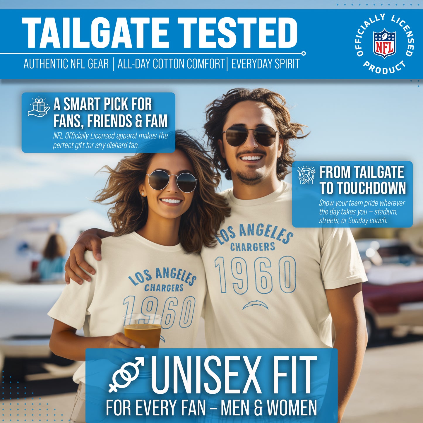 Los Angeles Chargers NFL Adult Big Date Tag-Less T-Shirt - Natural