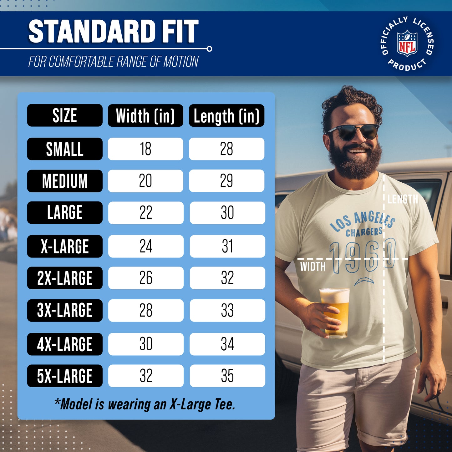 Los Angeles Chargers NFL Adult Big Date Tag-Less T-Shirt - Natural