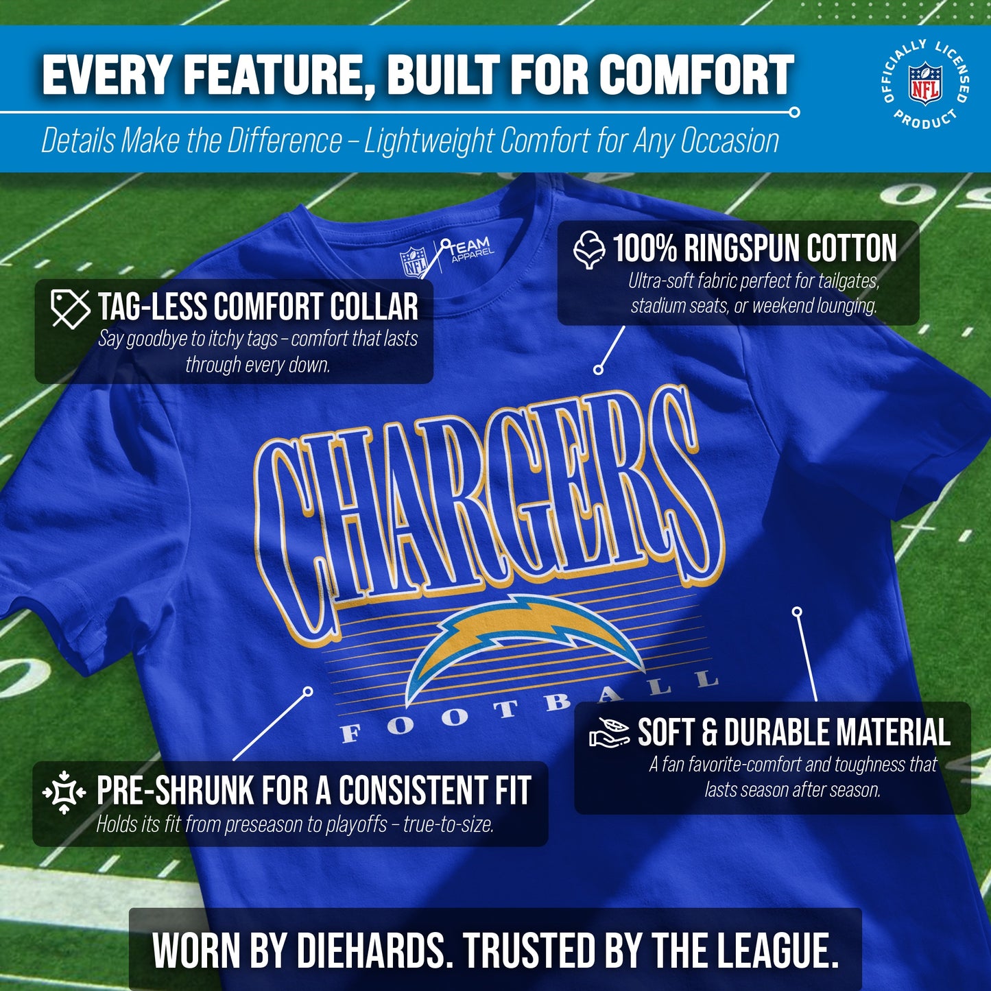 Los Angeles Chargers NFL Adult Overtime Blueprint Tag-Less T-Shirt - Royal