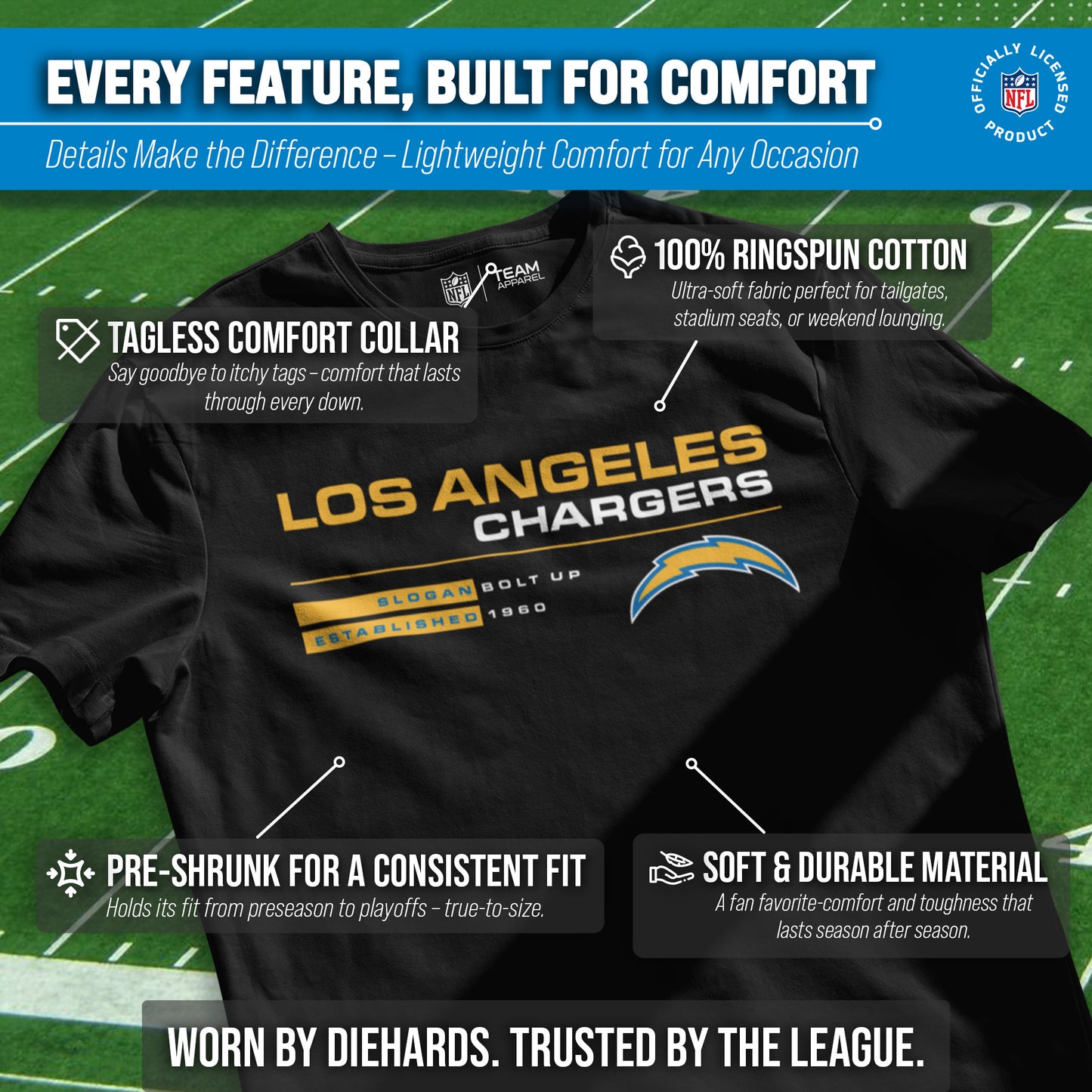 Los Angeles Chargers Adult NFL Speed Stat Sheet T-Shirt - Black