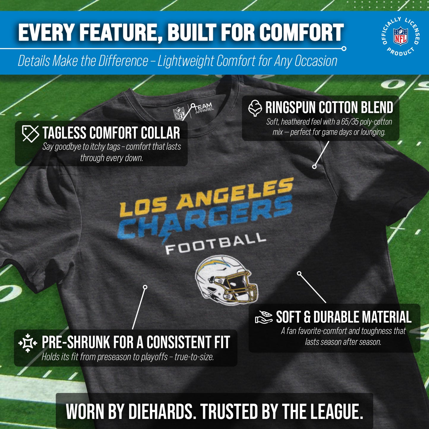 Los Angeles Chargers NFL Adult Football Helmet Tagless T-Shirt - Charcoal