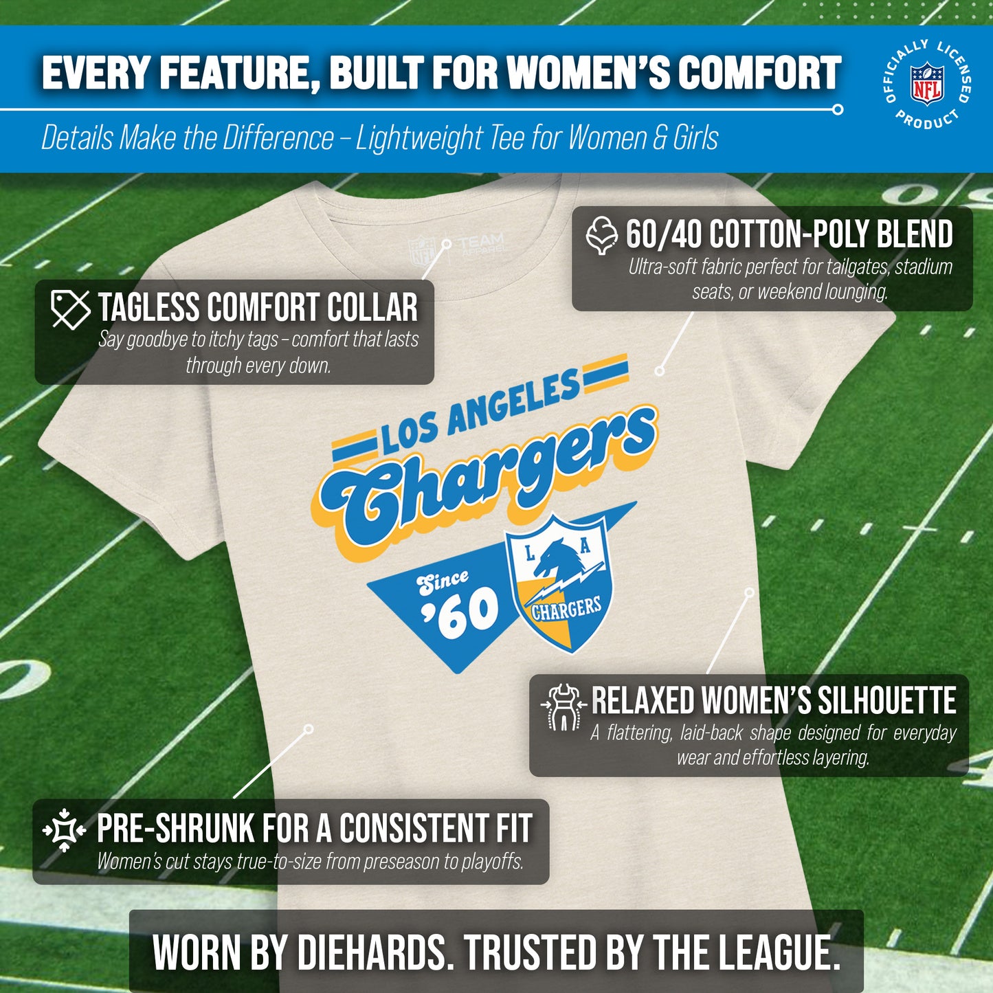 Los Angeles Chargers NFL Womens Vintage Charm Tag-Less Soft T-Shirt - Birch