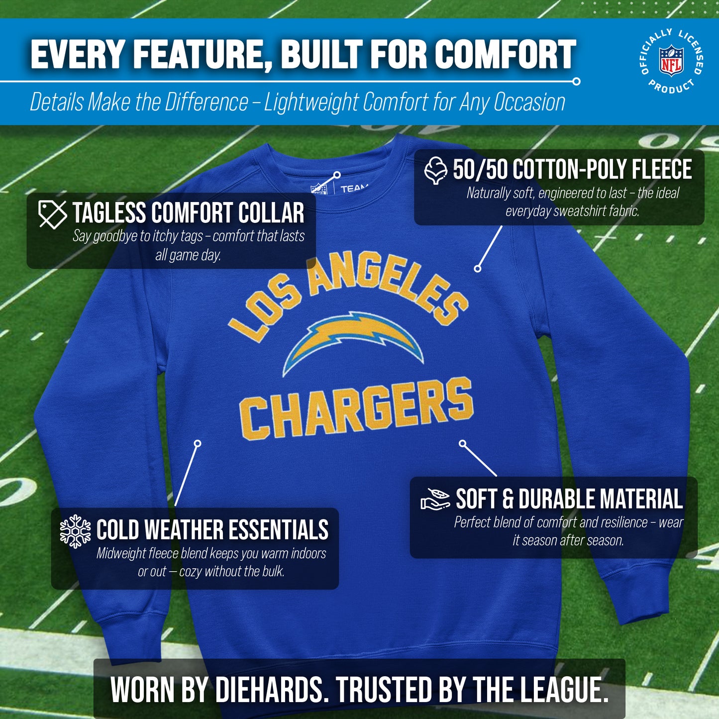 Los Angeles Chargers NFL Adult Gameday Football Crewneck Sweatshirt - Royal