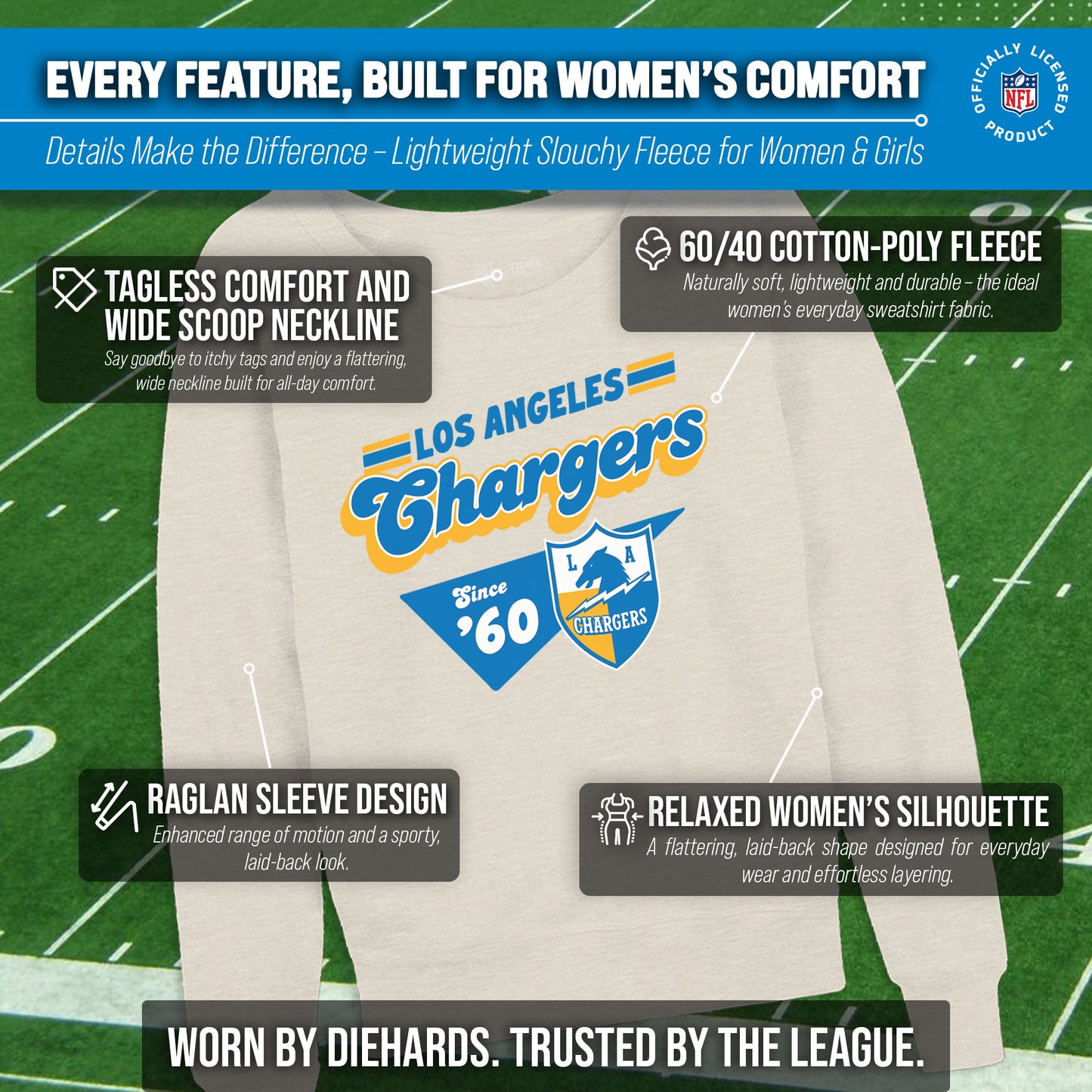 Los Angeles Chargers NFL Womens Vintage Charm French Terry Slouchy Top - Birch