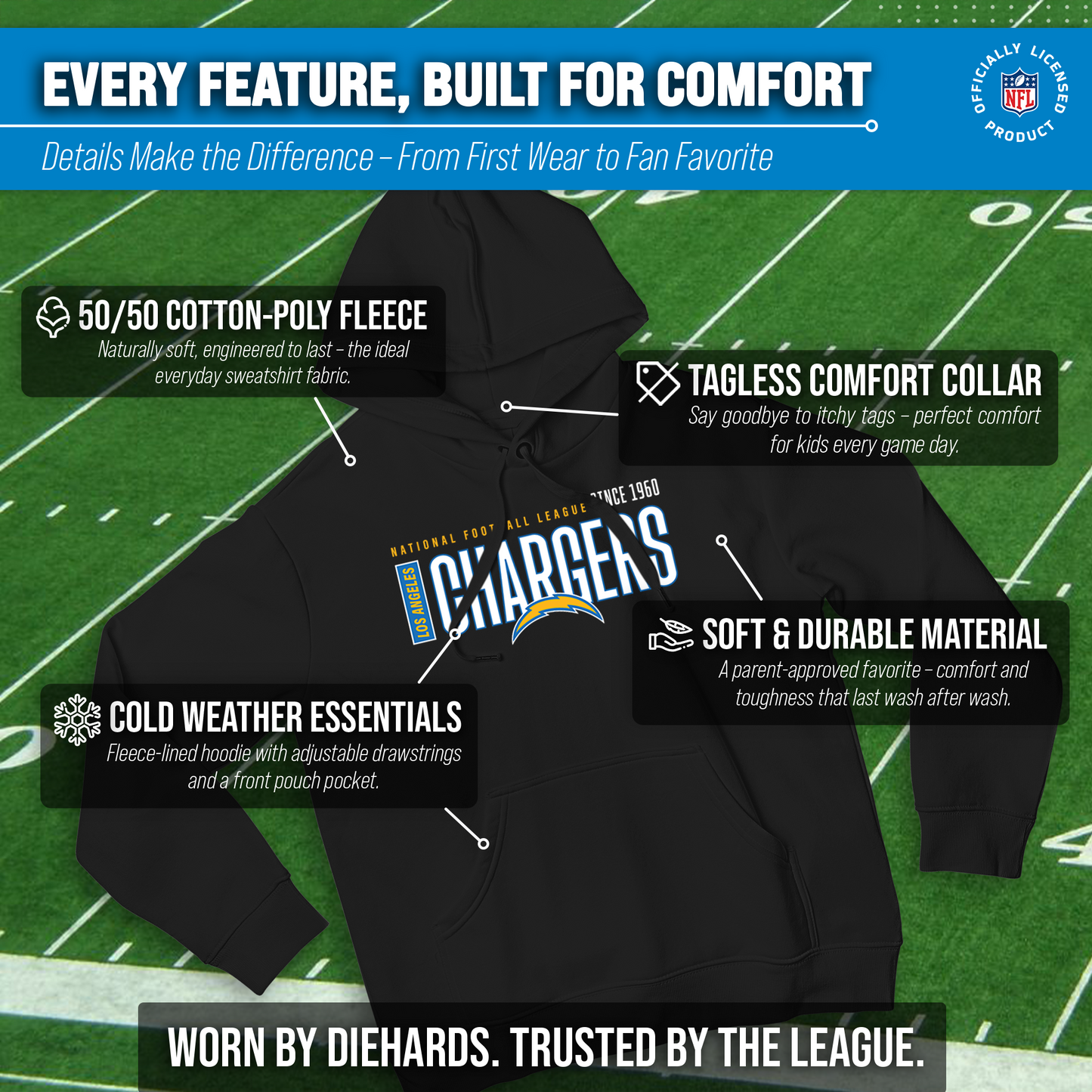 Los Angeles Chargers NFL Adult Unisex Modern Endzone Soft Fleece Hooded Sweatshirt - Black