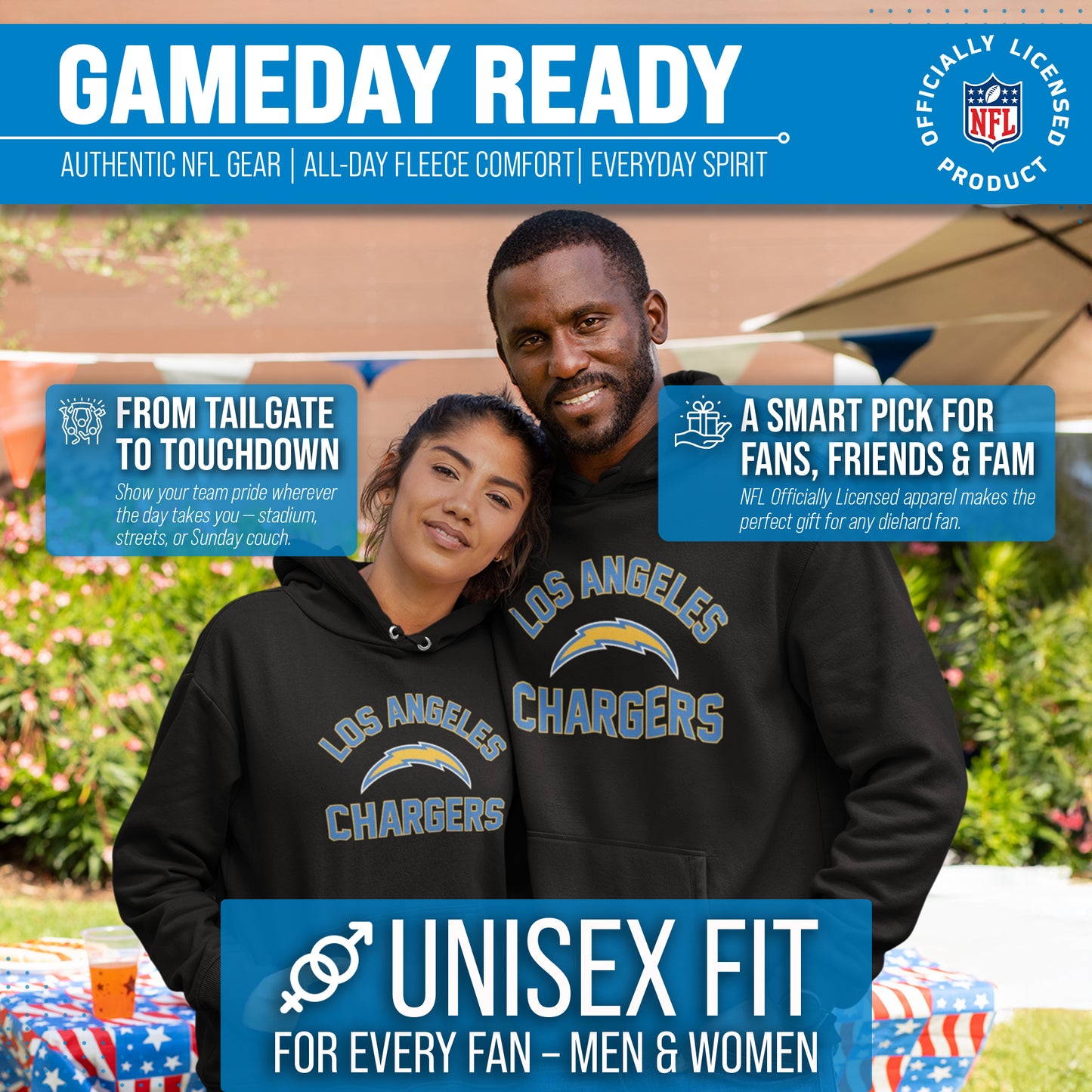 Los Angeles Chargers NFL Adult Gameday Hooded Sweatshirt - Black