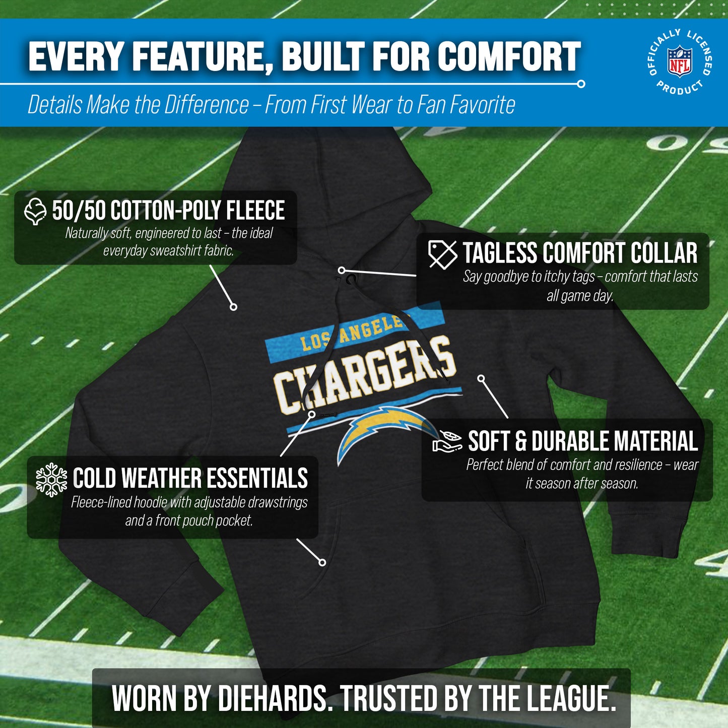 Los Angeles Chargers NFL Adult Gameday Charcoal Hooded Sweatshirt - Charcoal