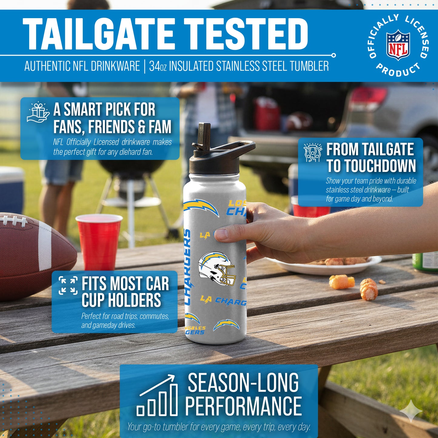 Los Angeles Chargers NFL 34Oz Native Quencher Water Bottle - White