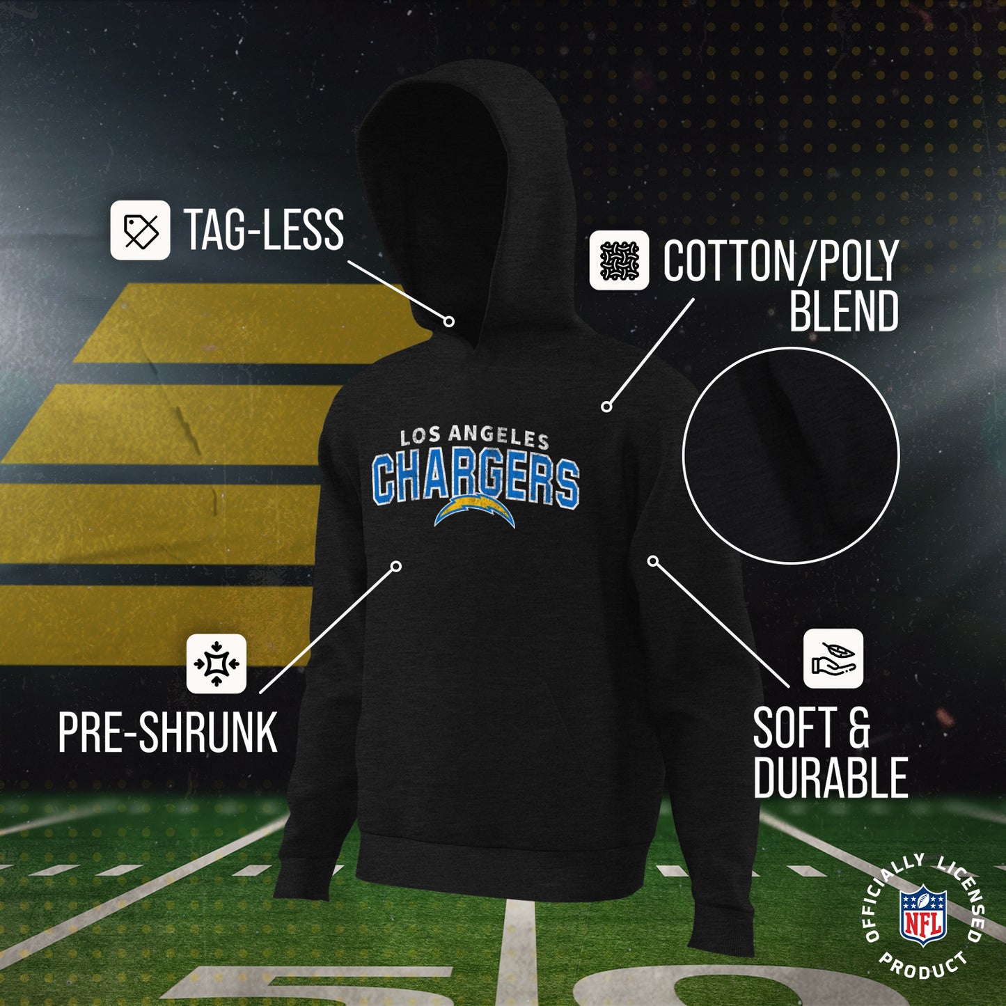 Los Angeles Chargers NFL Youth Starting Fresh Hoodie- Pro Football Sweatshirt for Boys and Girls - Black