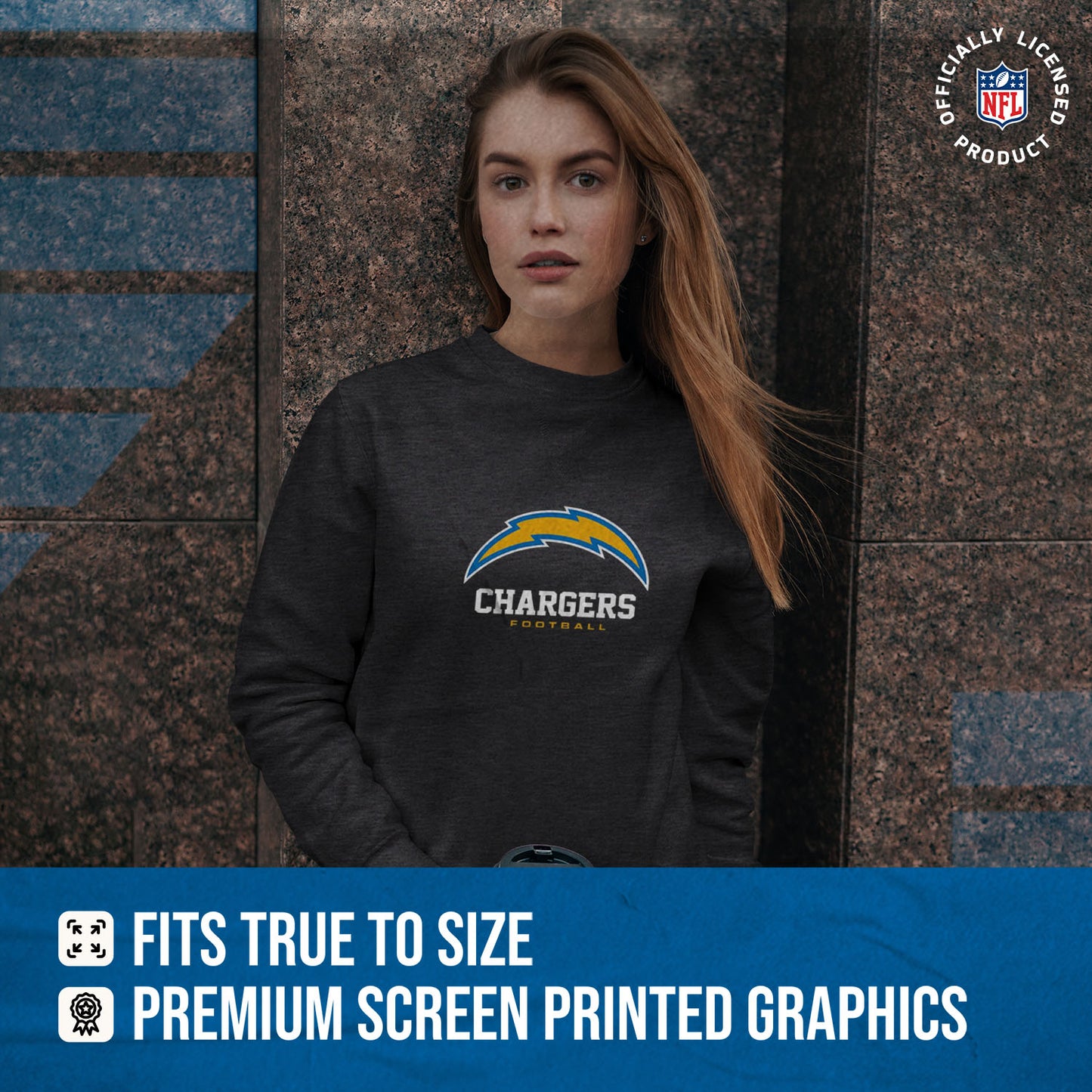 Los Angeles Chargers Women's NFL Ultimate Fan Logo Slouchy Crewneck -Tagless Fleece Lightweight Pullover - Charcoal