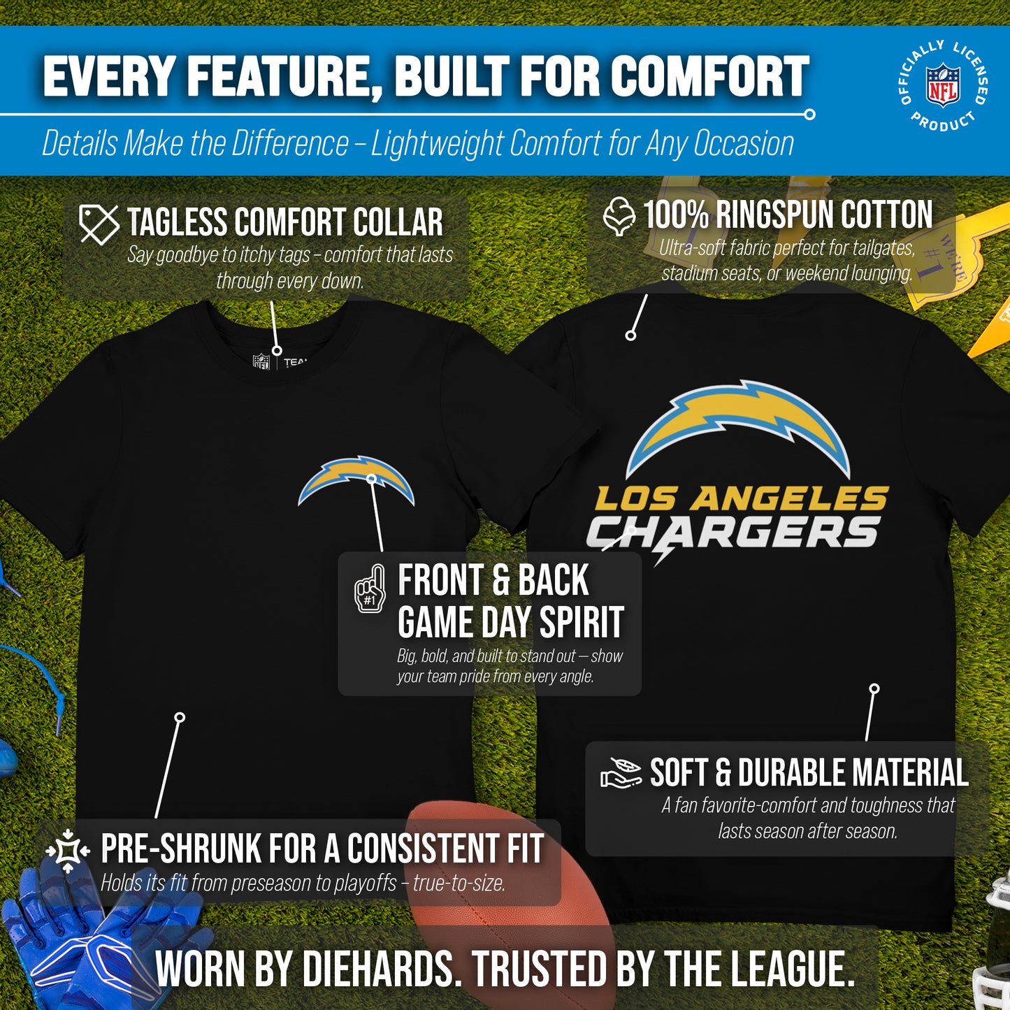 Los Angeles Chargers NFL Pro Football Final Countdown Adult Cotton-Poly Short Sleeved T-Shirt For Men & Women - Black