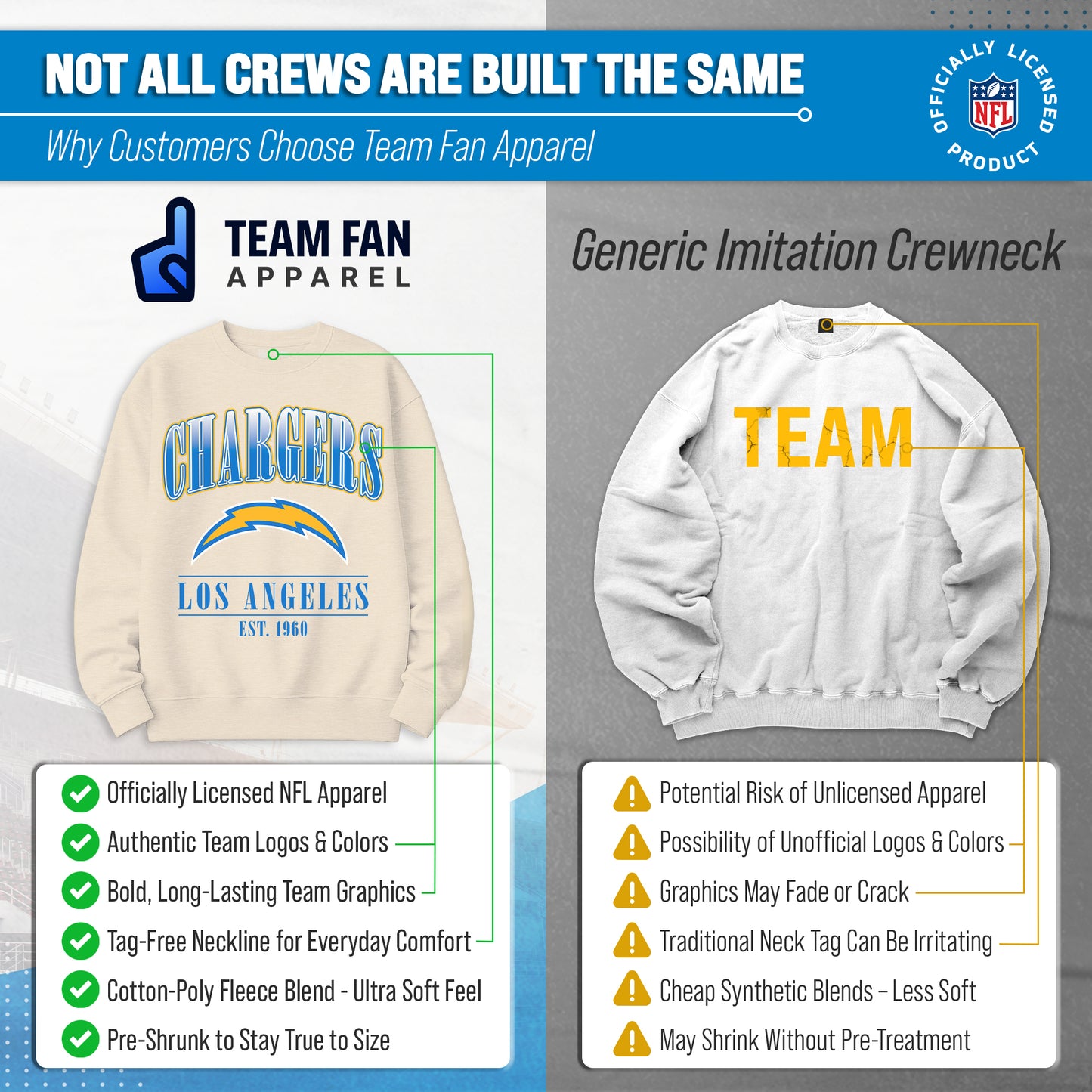 Los Angeles Chargers Womens NFL Starstruck Crewneck Pullover - Cream