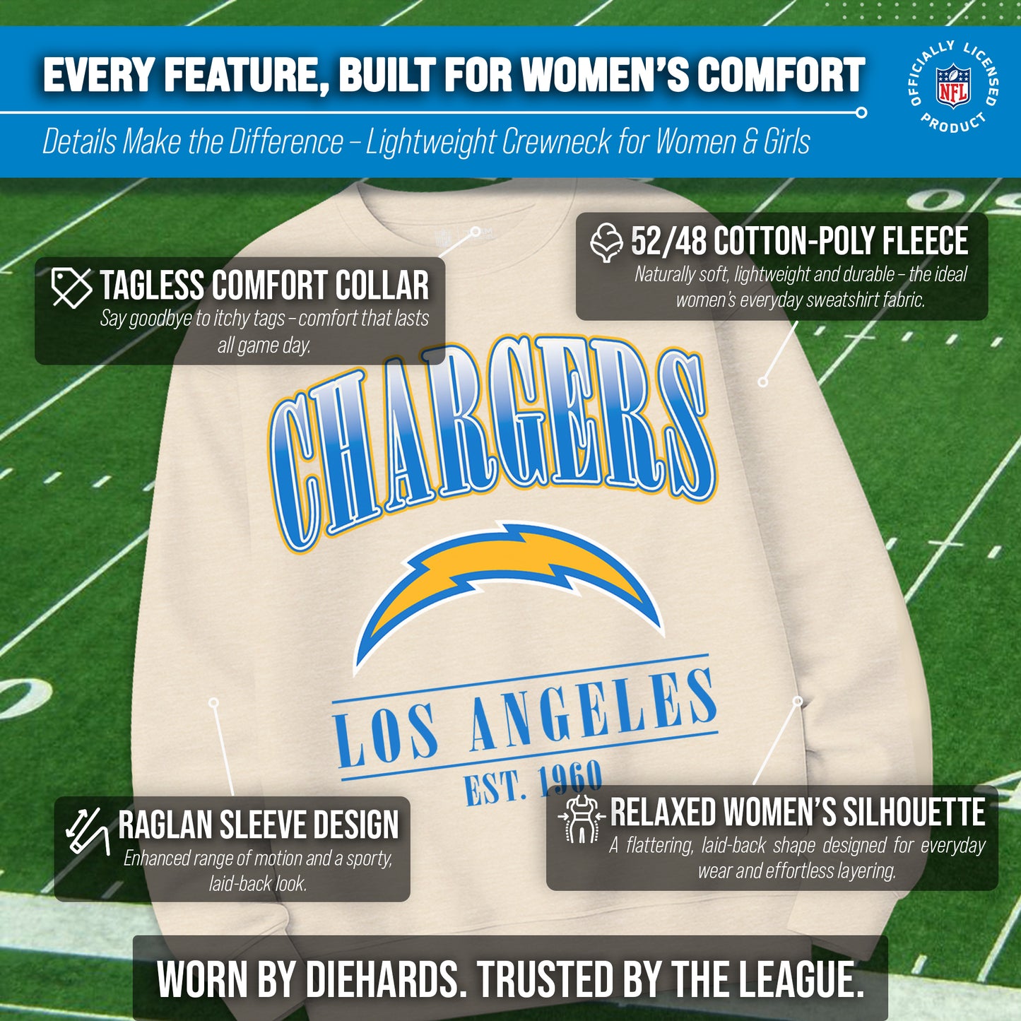 Los Angeles Chargers Womens NFL Starstruck Crewneck Pullover - Cream
